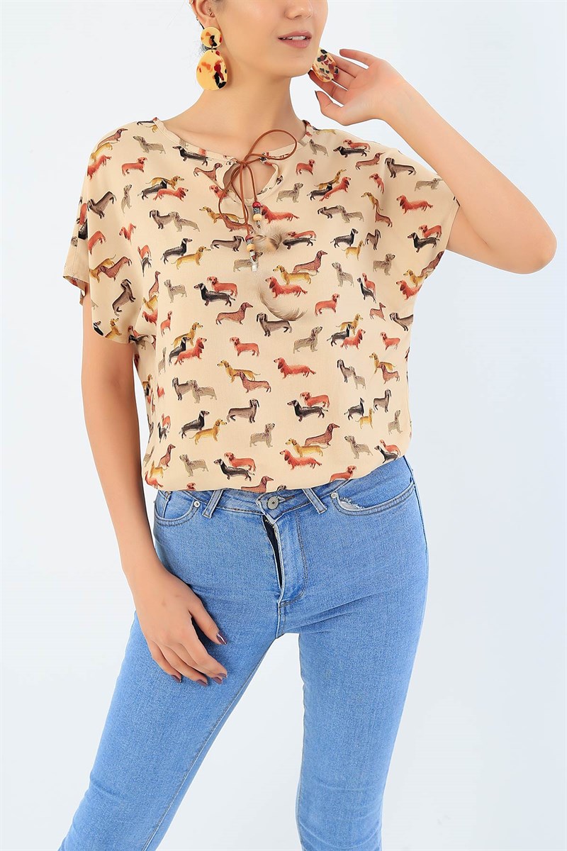 Bej Beli Lastikli Dokuma Bluz 35620