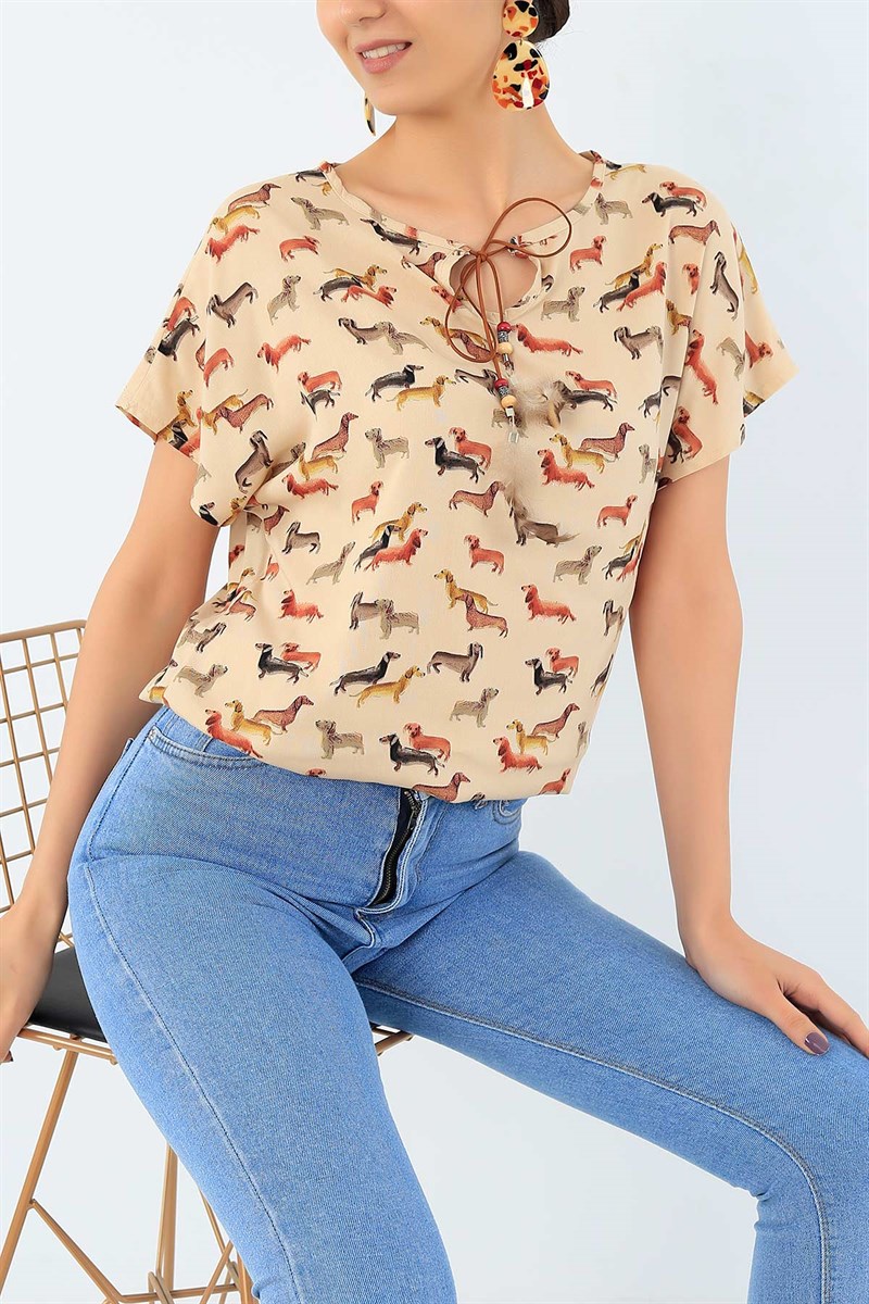 Bej Beli Lastikli Dokuma Bluz 35620