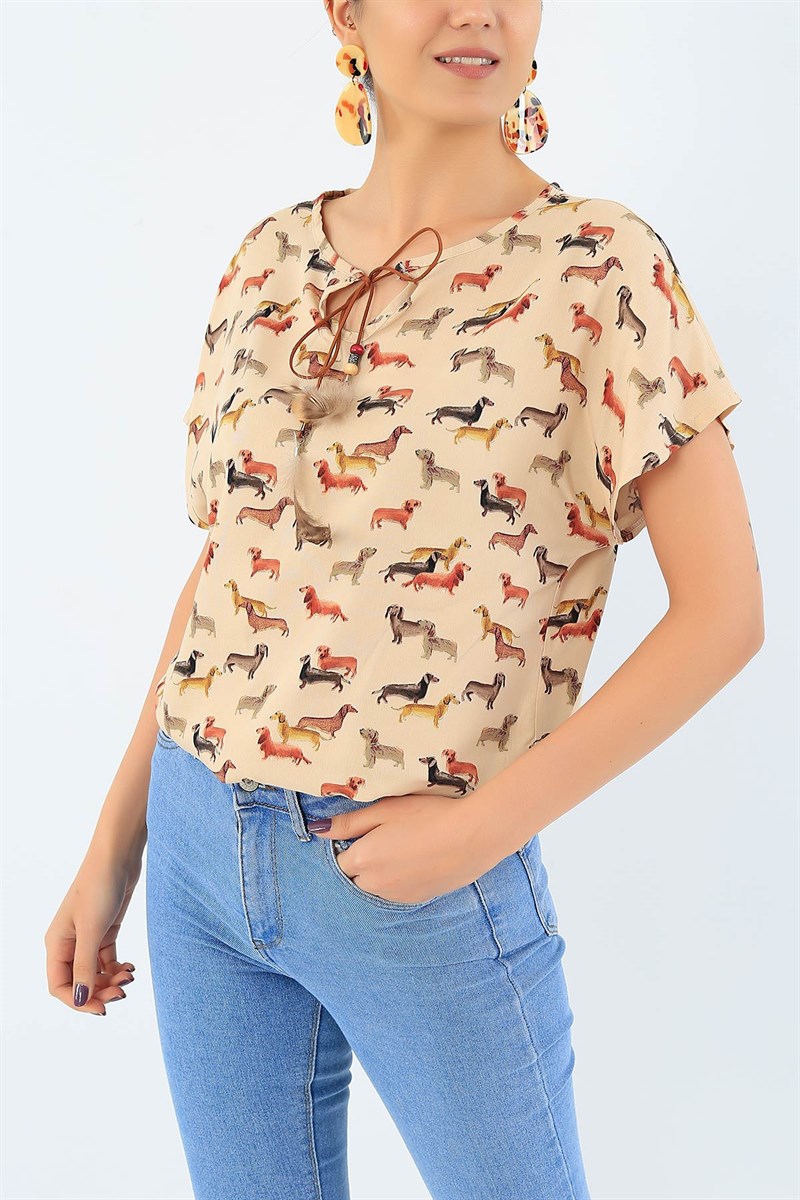 Bej Beli Lastikli Dokuma Bluz 35620