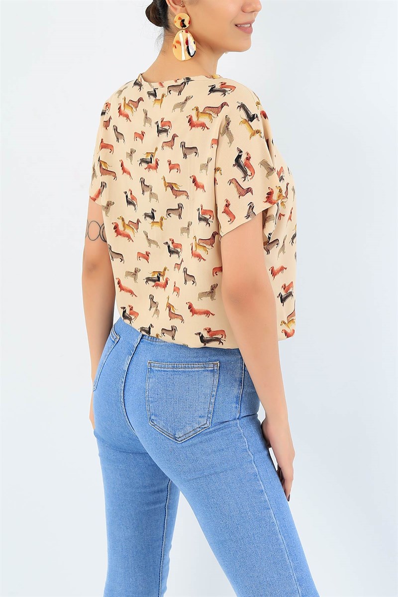 Bej Beli Lastikli Dokuma Bluz 35620