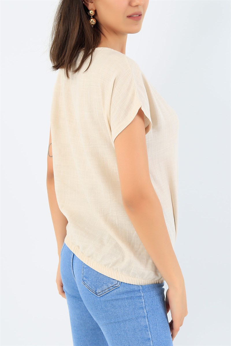 Bej Beli Lastikli Keten Bluz 36857