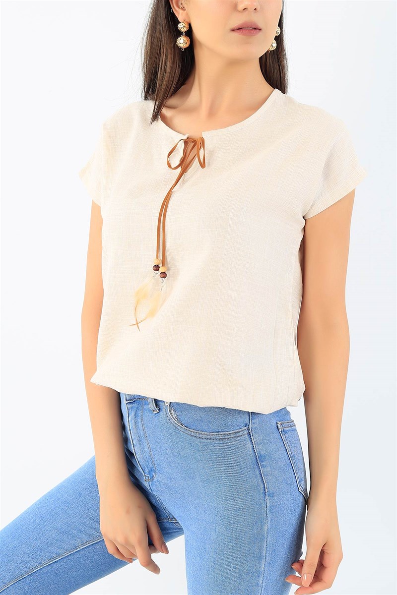 Bej Beli Lastikli Keten Bluz 36857