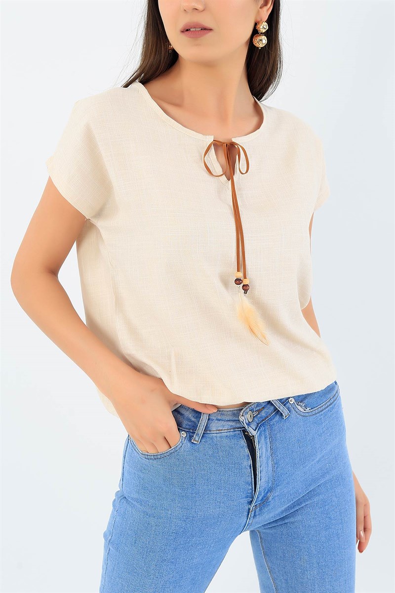 Bej Beli Lastikli Keten Bluz 36857