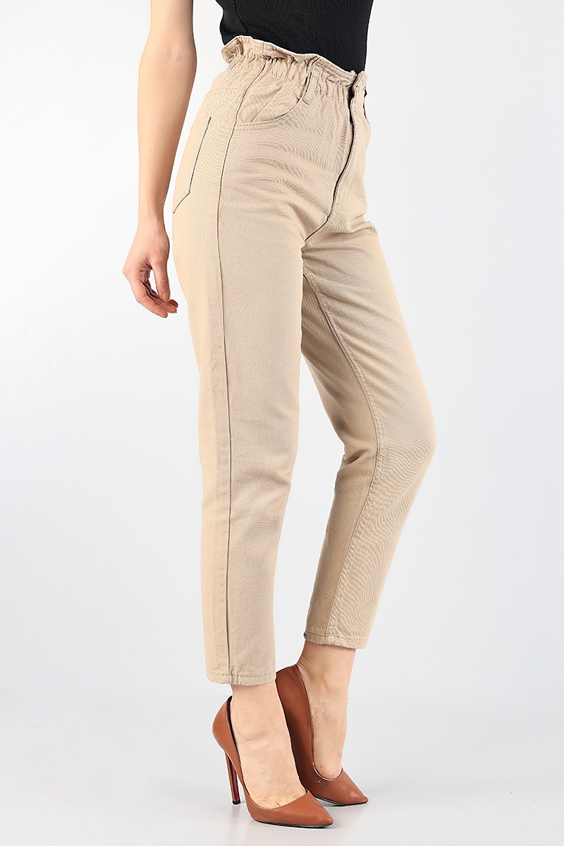 Bej Beli Lastikli Mom Bayan Kot Pantolon 88602