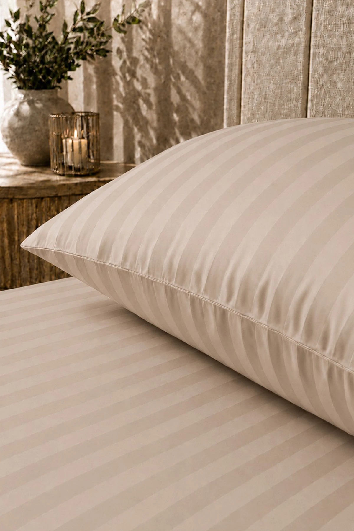 Bej Bella Home 100x200 Cm Tek Kişilik Çizgili Saten Çarşaf Seti 482994