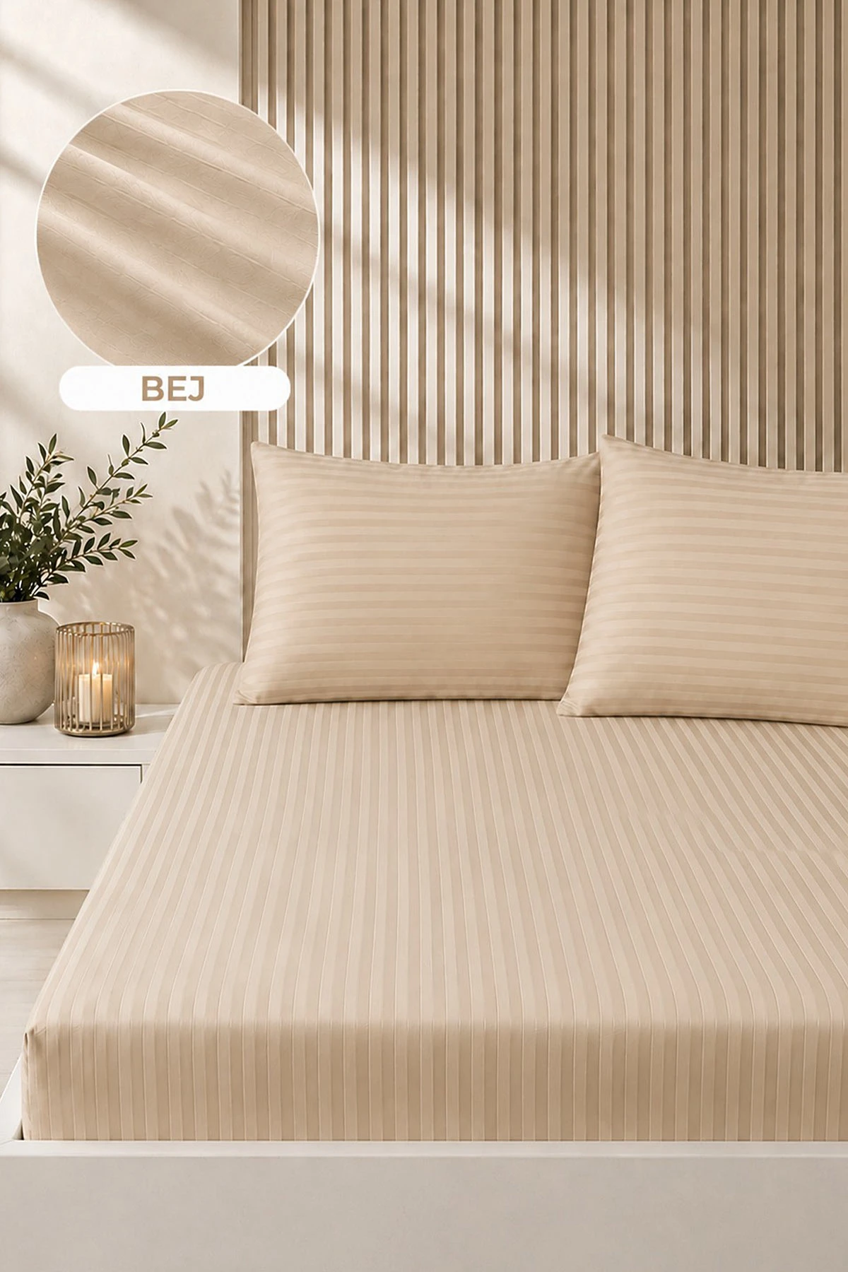 Bej Bella Home 160x200 Cm Çift Kişilik Çizgili Saten Çarşaf Seti 483024