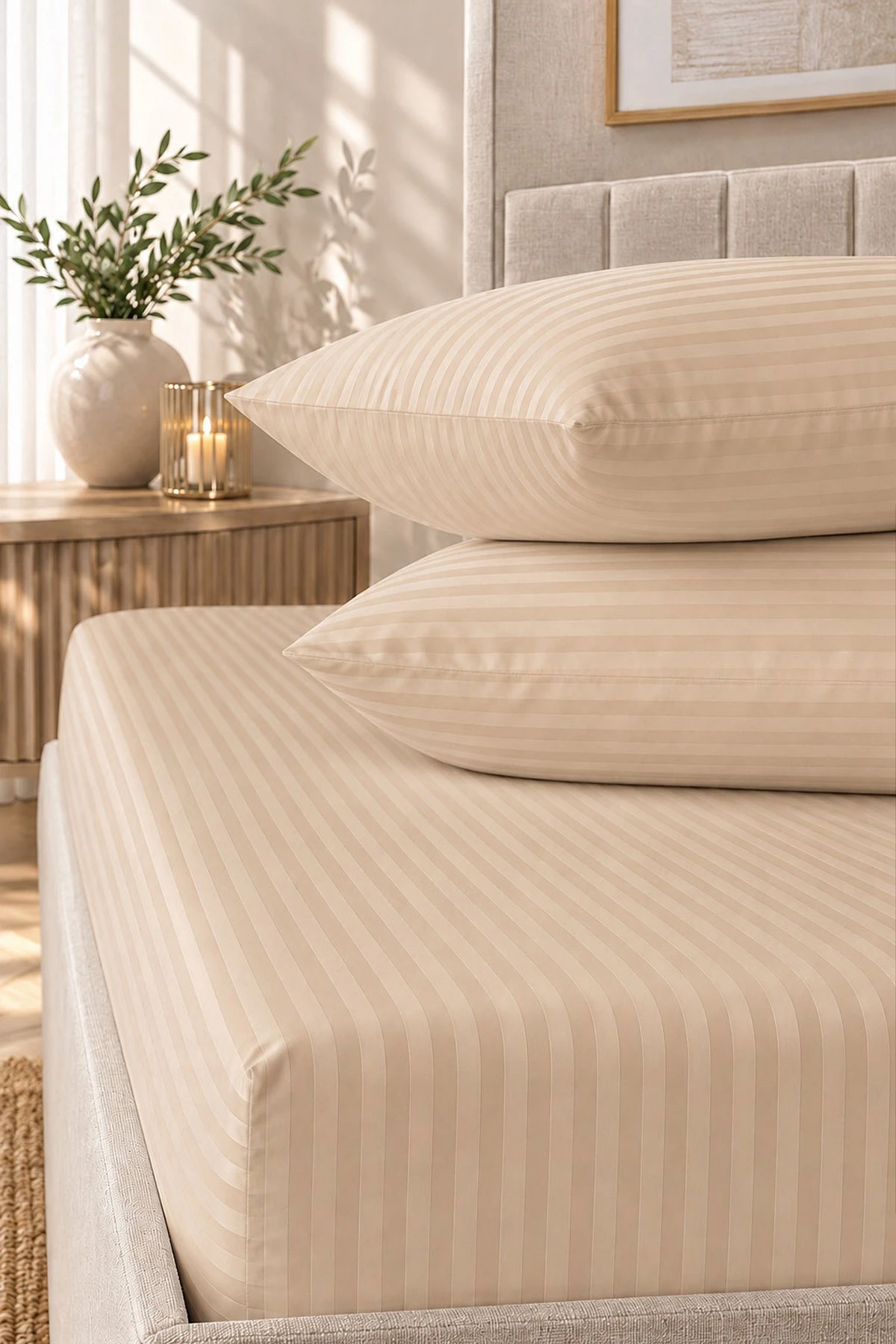Bej Bella Home 160x200 Cm Çift Kişilik Çizgili Saten Çarşaf Seti 483024