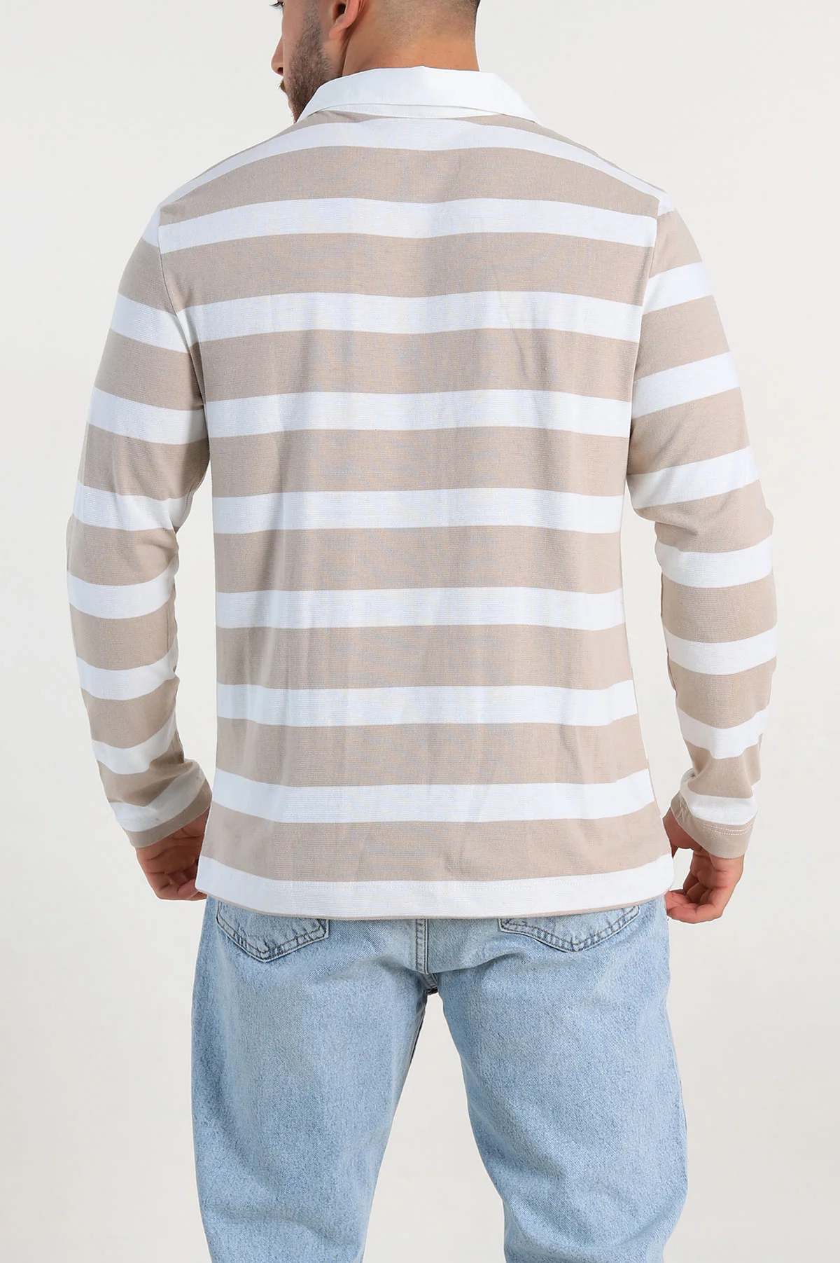 Bej Beyaz Çizgili Relaxed Fit Polo Yaka Erkek İnce Sweatshirt 309097
