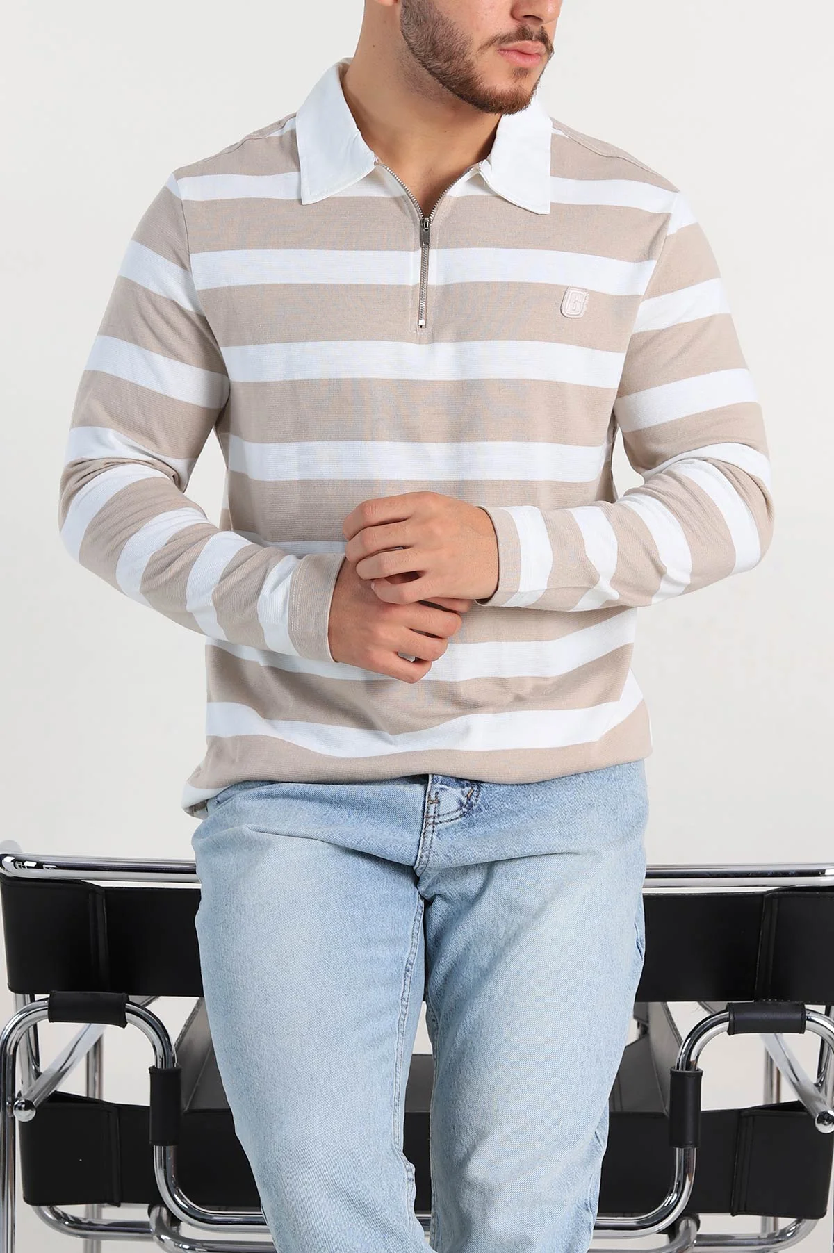 Bej Beyaz Çizgili Relaxed Fit Polo Yaka Erkek İnce Sweatshirt 309097