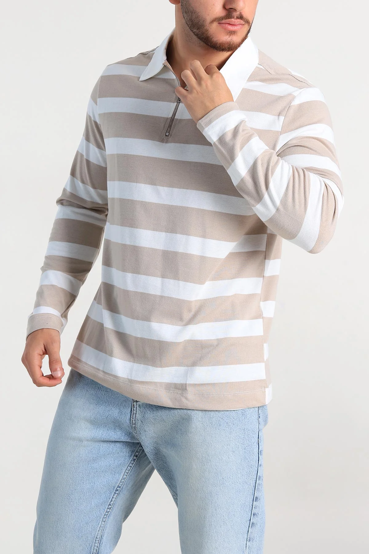 Bej Beyaz Çizgili Relaxed Fit Polo Yaka Erkek İnce Sweatshirt 309097