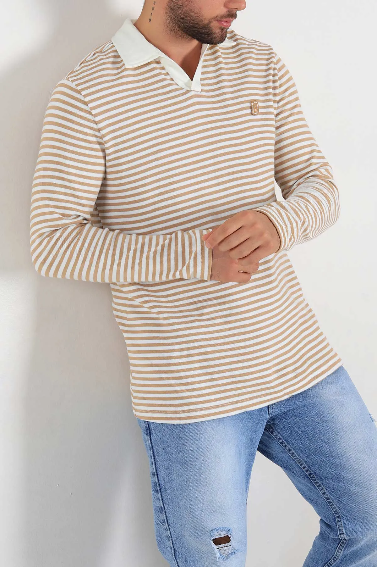 Bej Beyaz Çizgili Relaxed Fit Polo Yaka Erkek Triko Kazak 309034