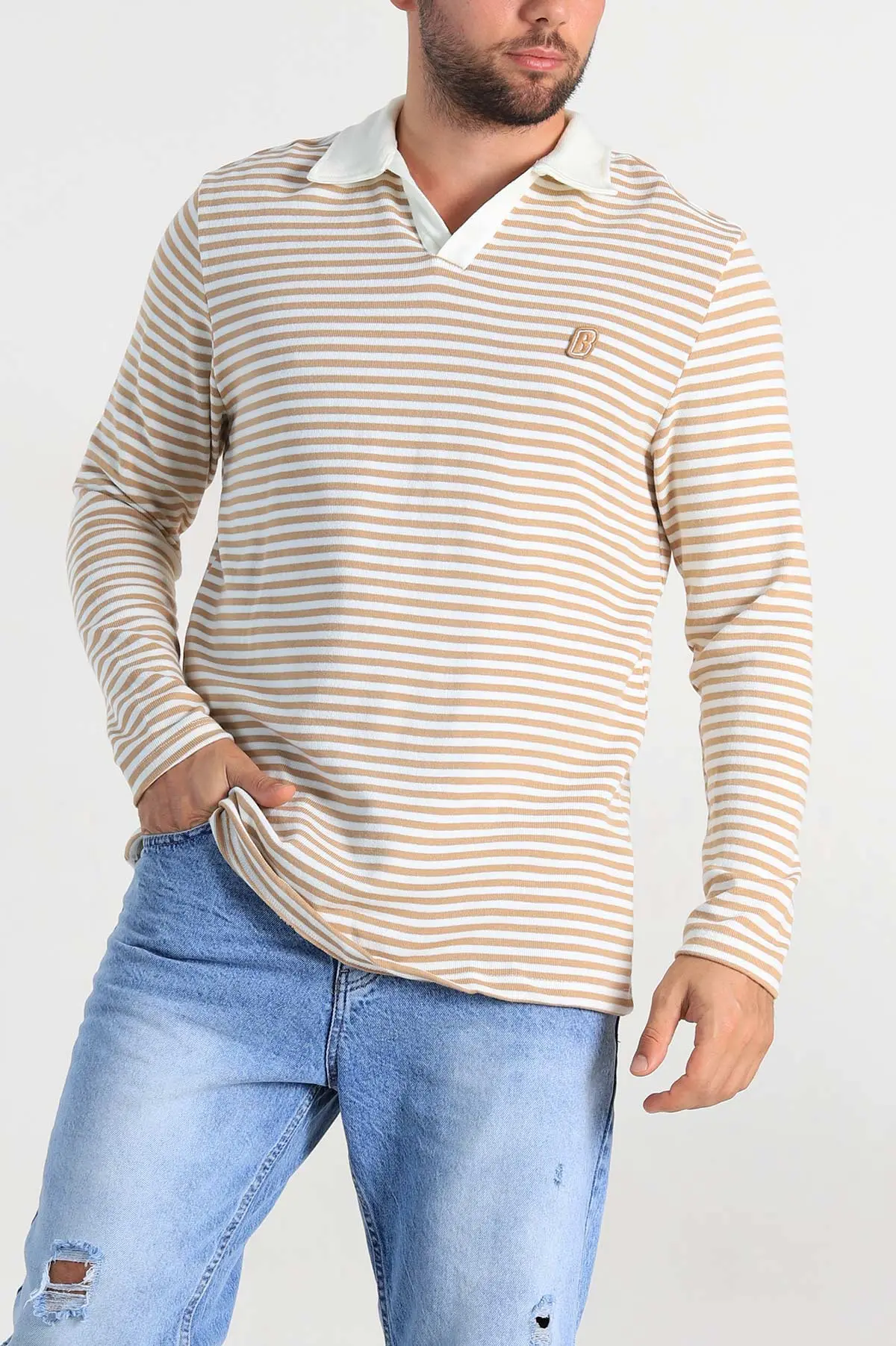 Bej Beyaz Çizgili Relaxed Fit Polo Yaka Erkek Triko Kazak 309034