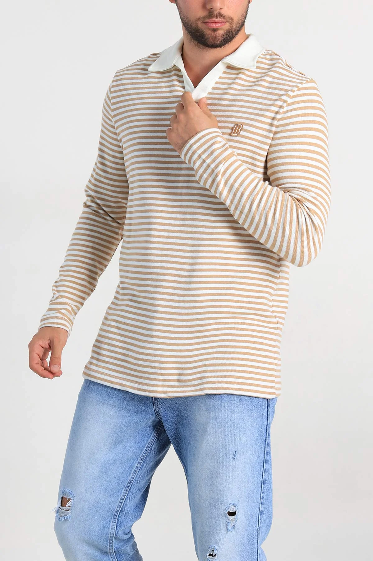 Bej Beyaz Çizgili Relaxed Fit Polo Yaka Erkek Triko Kazak 309034