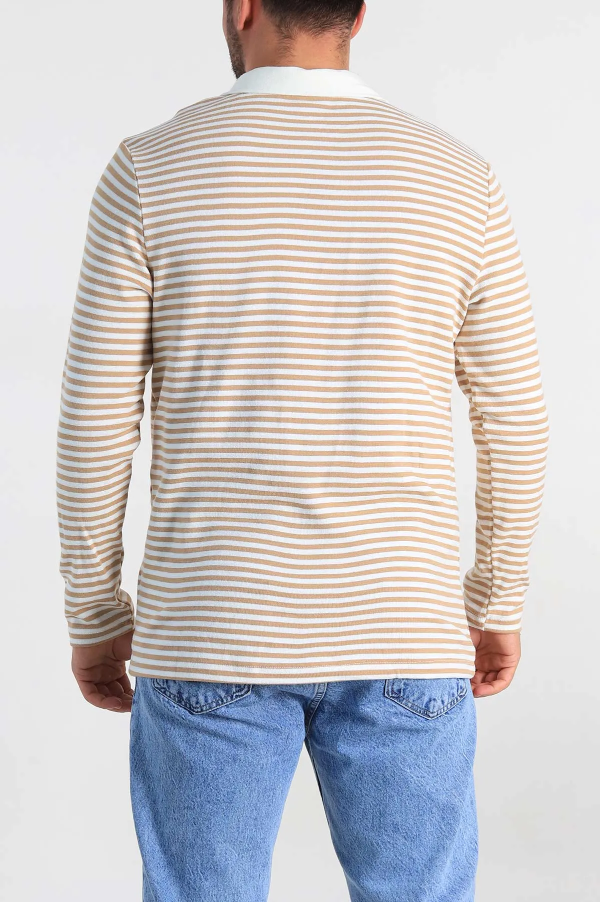 Bej Beyaz Çizgili Relaxed Fit Polo Yaka Erkek Triko Kazak 309034
