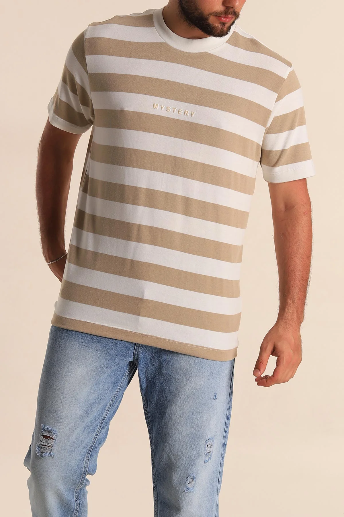 Bej Beyaz Çizgili Relaxed Fit Yazı Detay Erkek Triko Tişört 279245