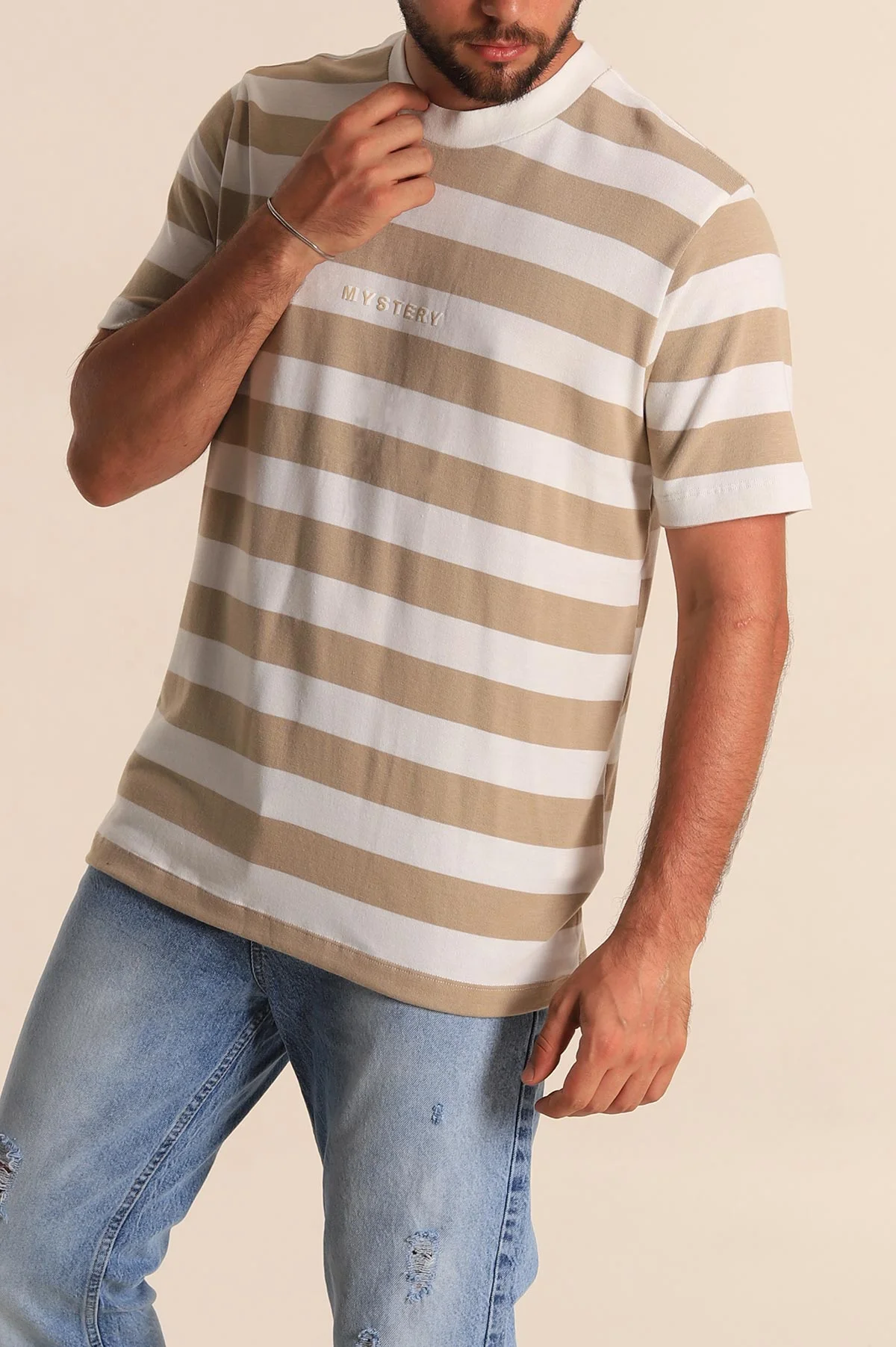 Bej Beyaz Çizgili Relaxed Fit Yazı Detay Erkek Triko Tişört 279245