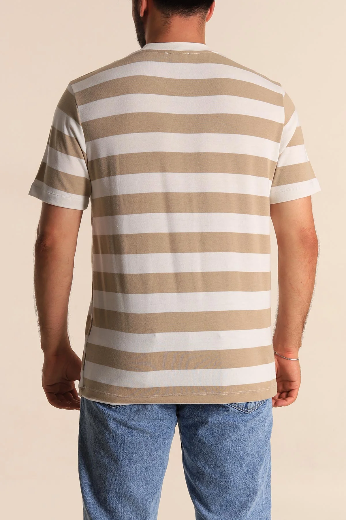 Bej Beyaz Çizgili Relaxed Fit Yazı Detay Erkek Triko Tişört 279245