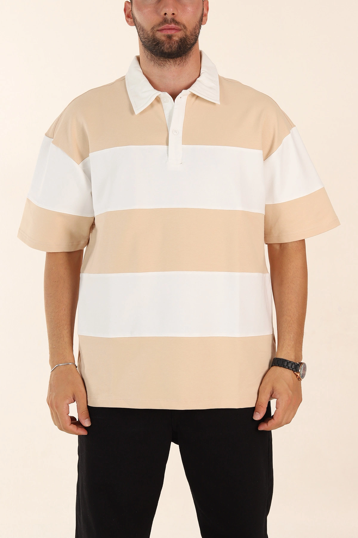 Bej Beyaz Geniş Çizgili Oversize İki İp Polo Yaka Erkek Tişört 268911