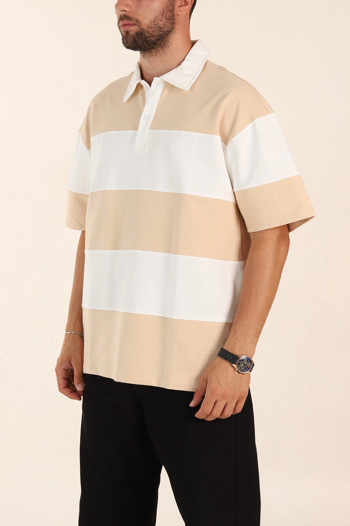 Bej Beyaz Geniş Çizgili Oversize İki İp Polo Yaka Erkek Tişört 268911