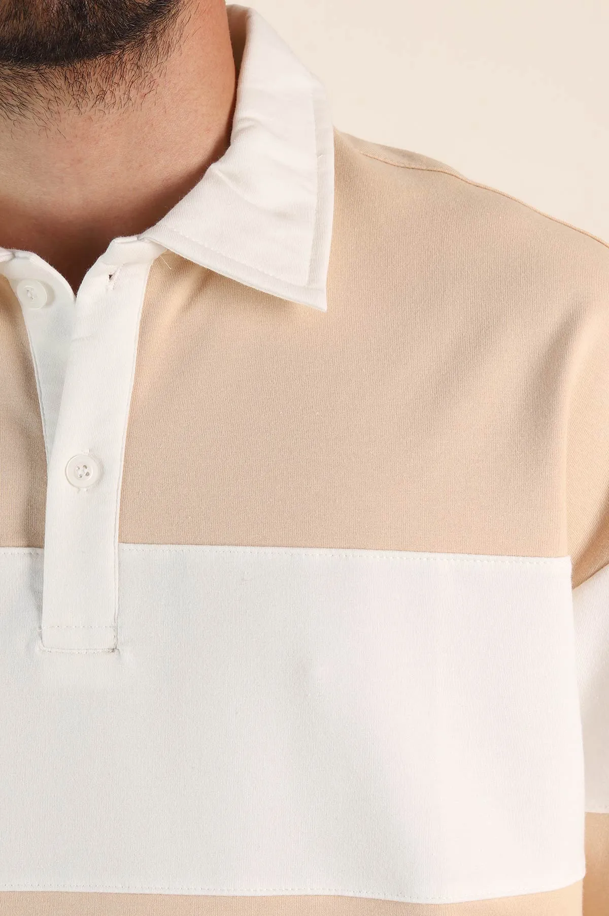 Bej Beyaz Geniş Çizgili Oversize İki İp Polo Yaka Erkek Tişört 268911