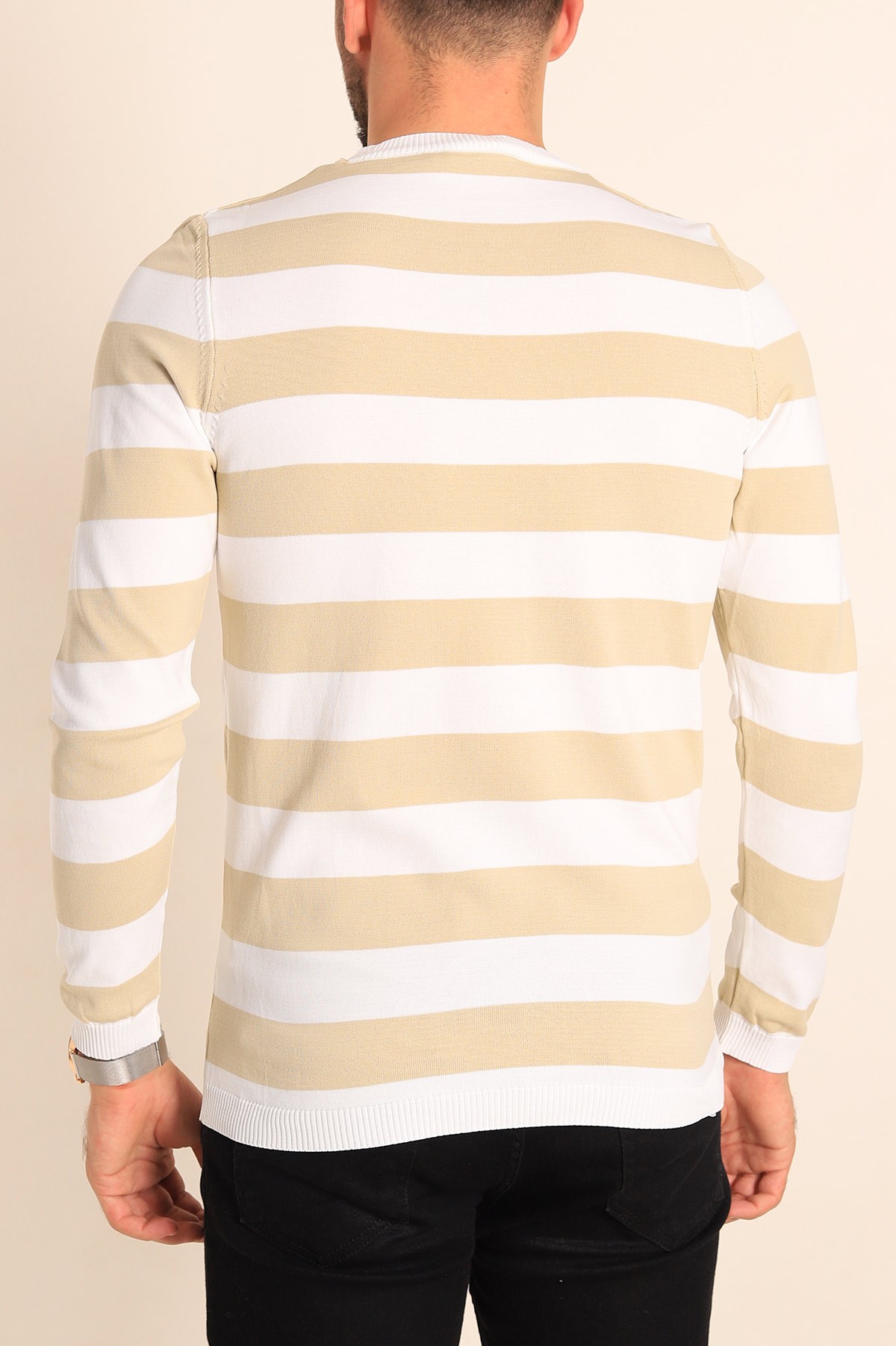 Bej Beyaz Regular Fit Çizgili Triko Kazak 213863