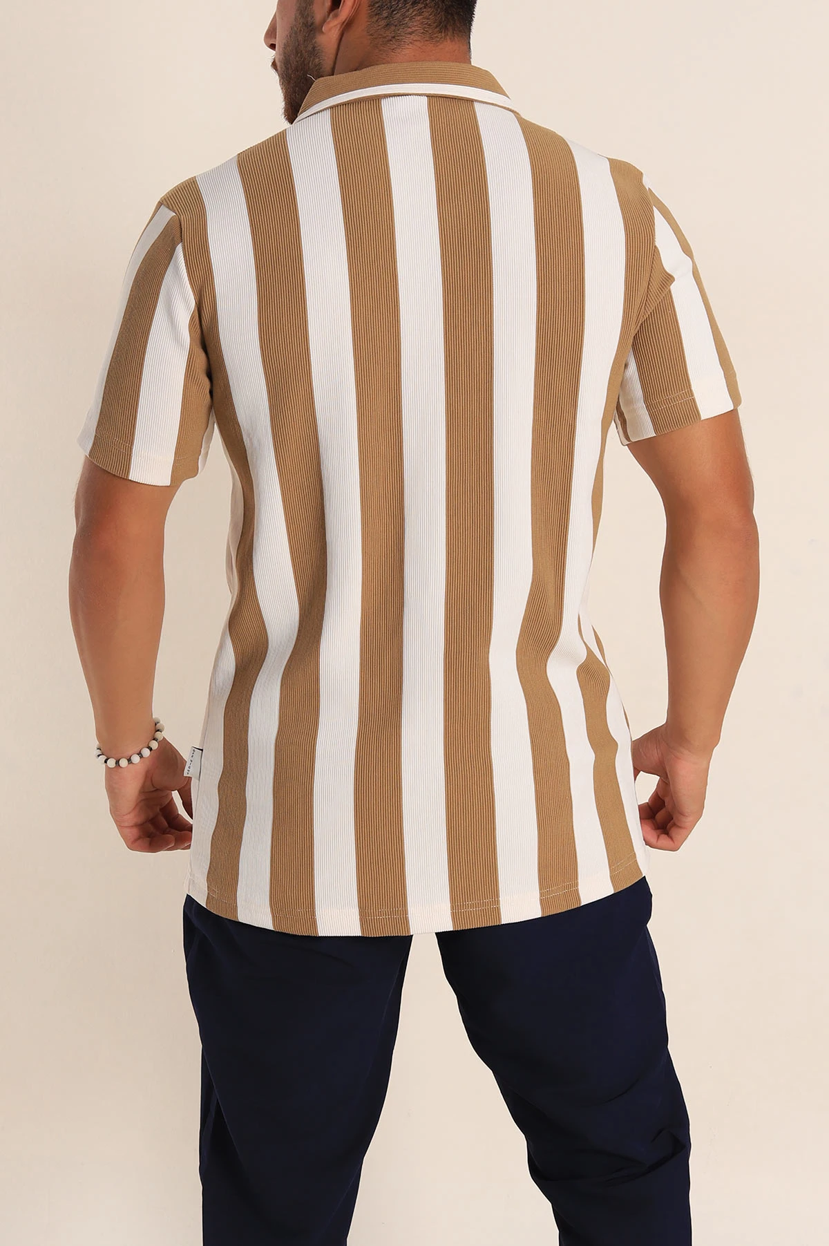 Bej Beyaz Regular Fit Çizgili Polo Yaka Erkek Tişört 268621