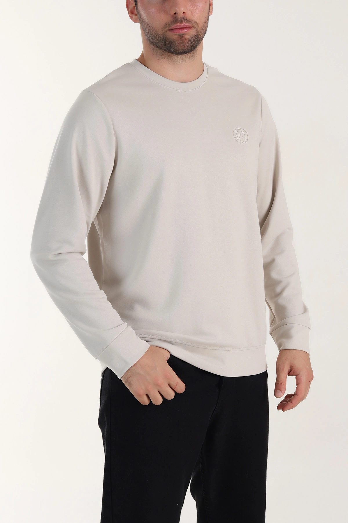 Bej Bisiklet Yaka Likralı Erkek Sweatshirt 410579