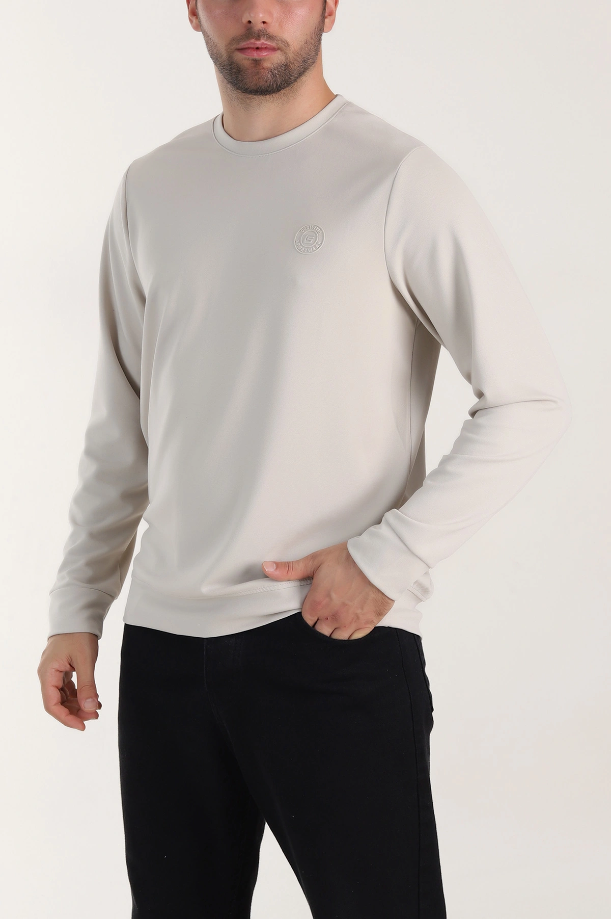 Bej Bisiklet Yaka Likralı Erkek Sweatshirt 410579