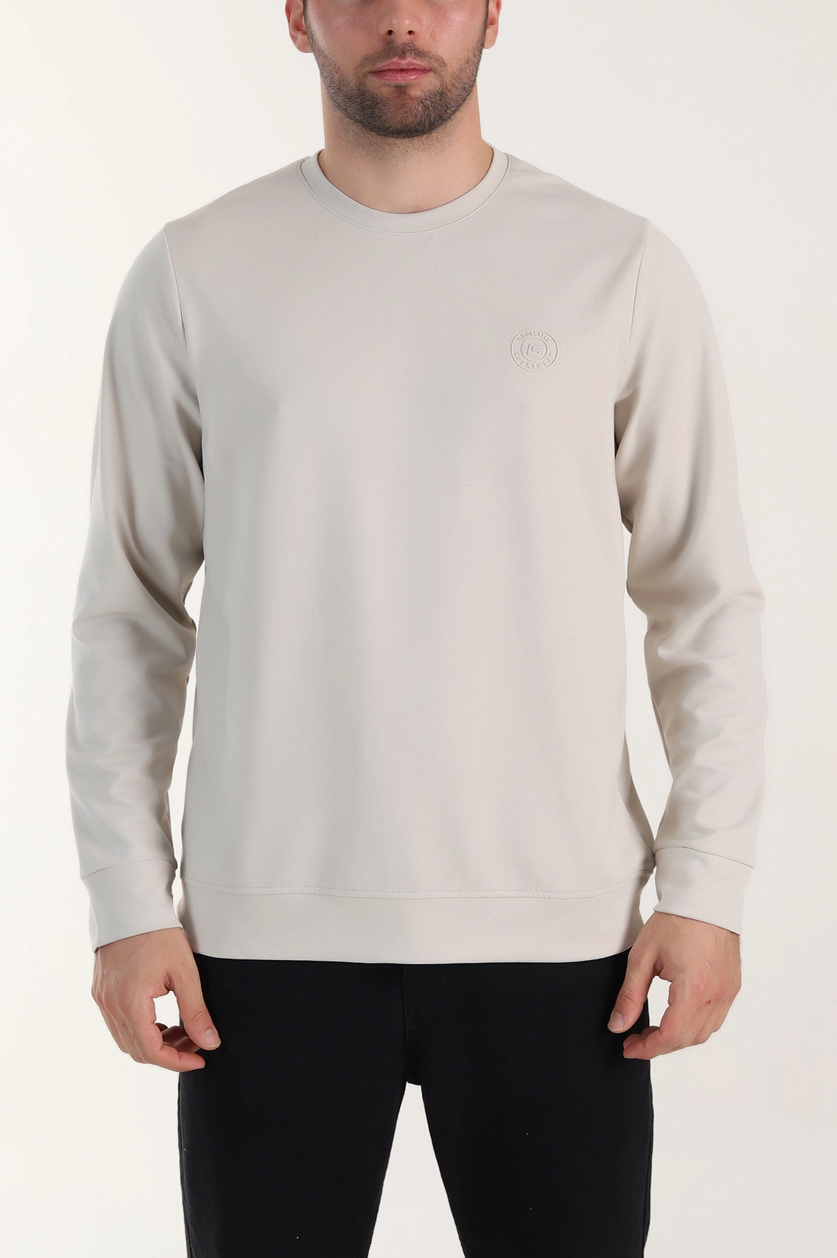 Bej Bisiklet Yaka Likralı Erkek Sweatshirt 410579