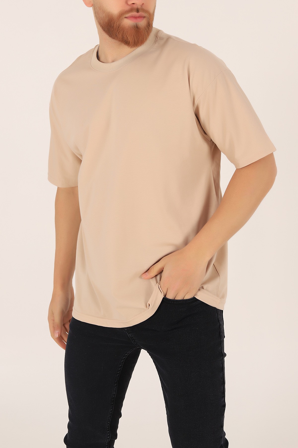 Bej Bisiklet Yaka Oversize Erkek Tişört 169581