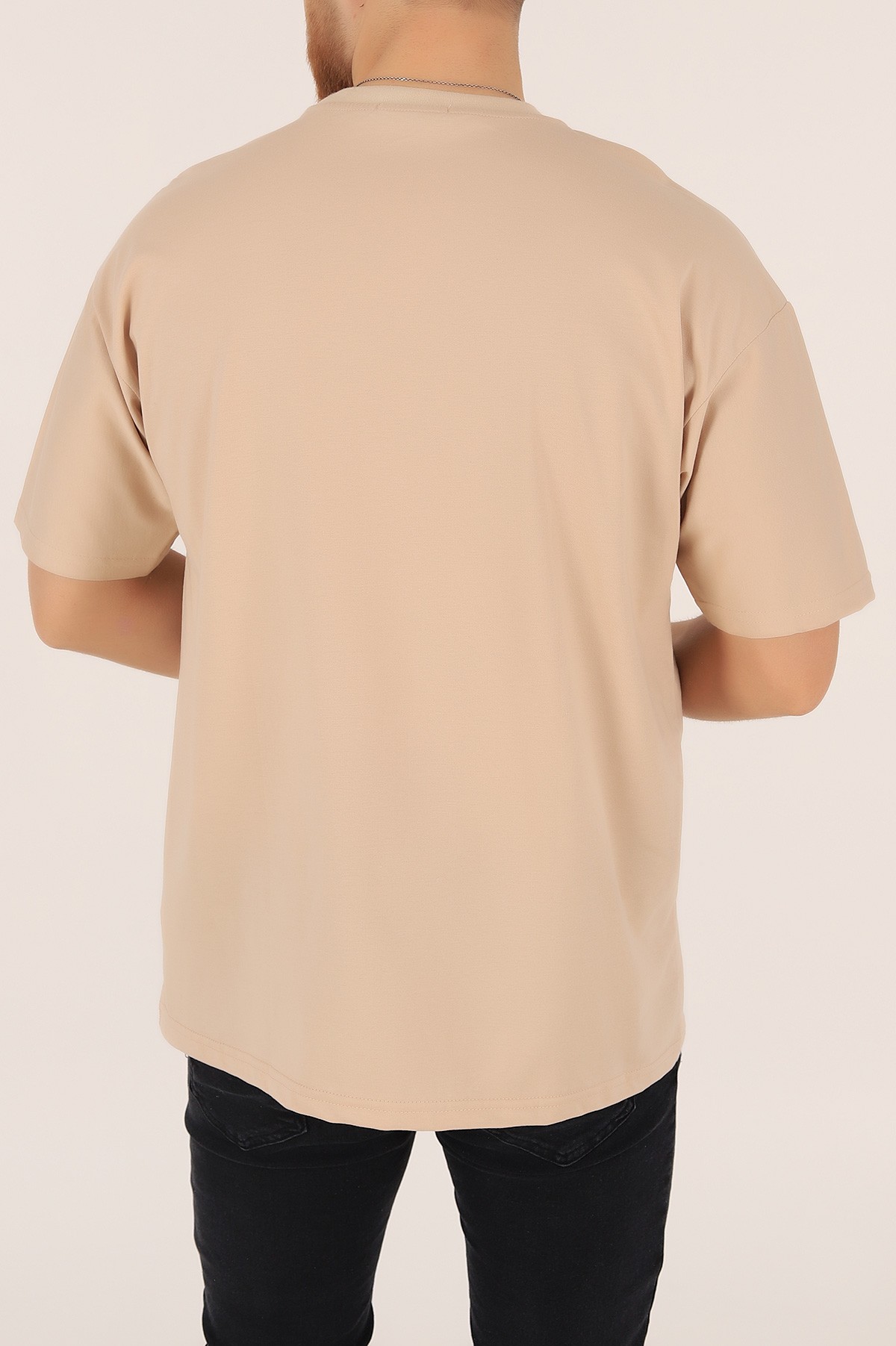 Bej Bisiklet Yaka Oversize Erkek Tişört 169581