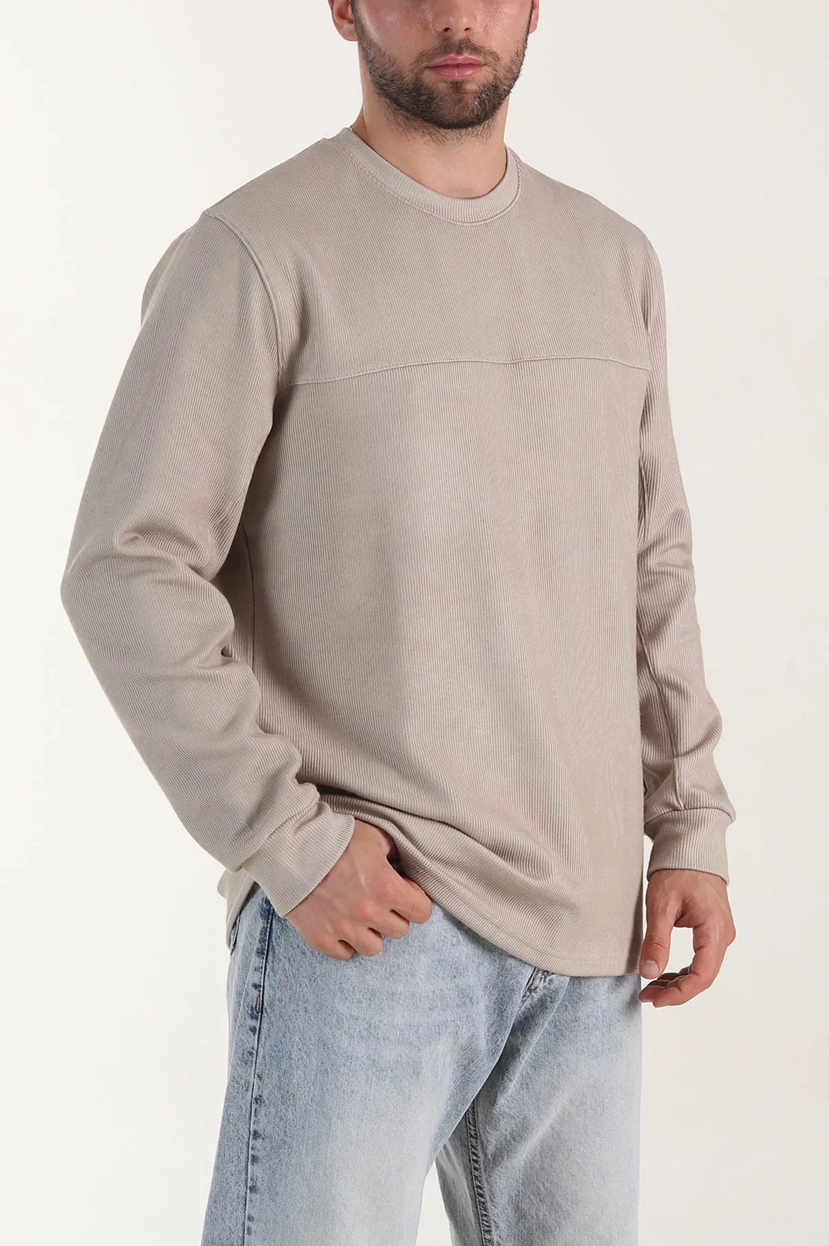 Bej Bisiklet Yaka Uzun Kollu Erkek Sweatshirt 406624