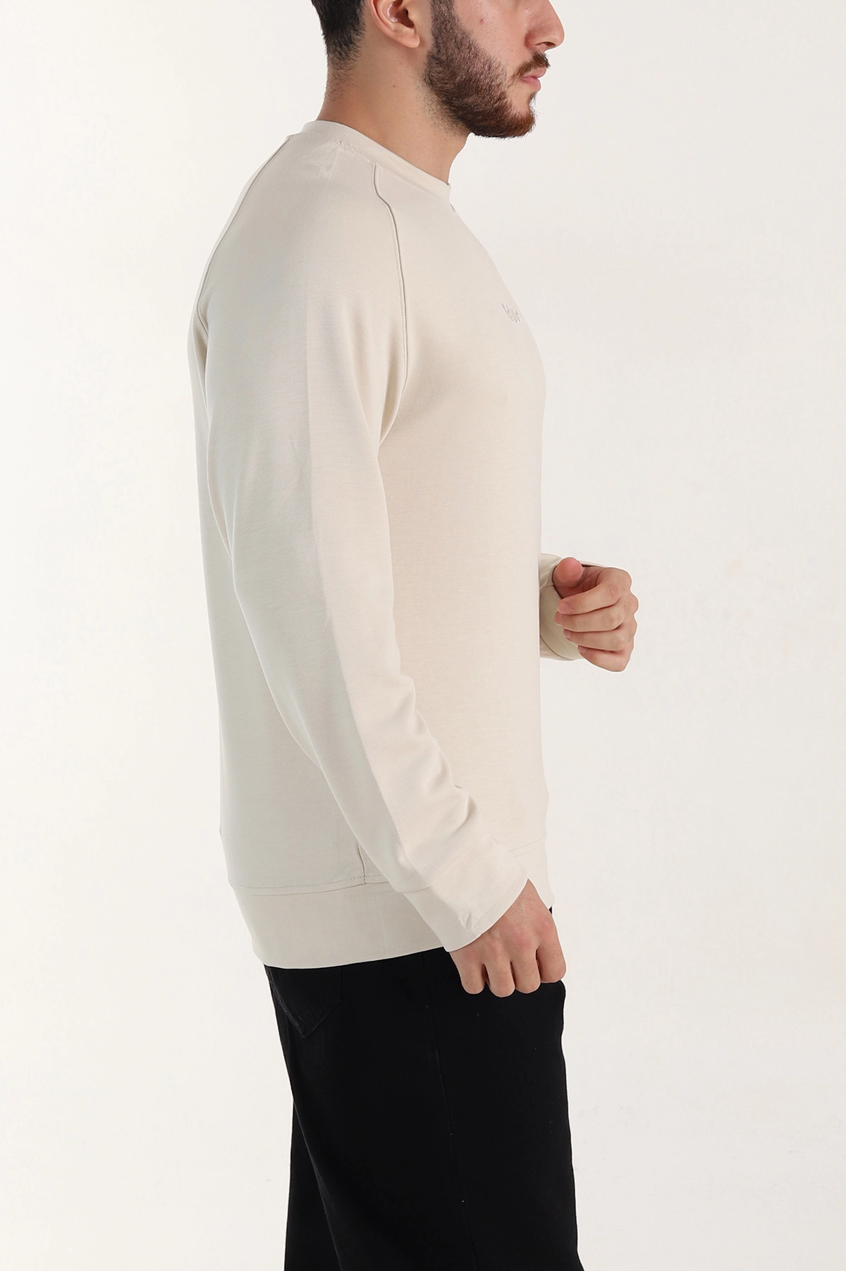 Bej Bisiklet Yaka Yazı Detaylı Erkek Sweatshirt 396242