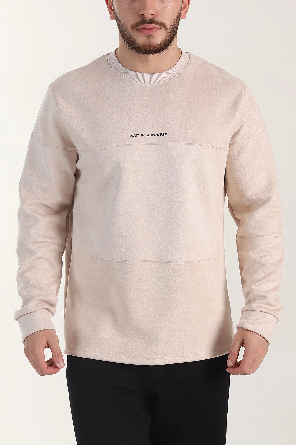 Bej Bisiklet Yaka Yazı Detaylı Erkek Sweatshirt 404793