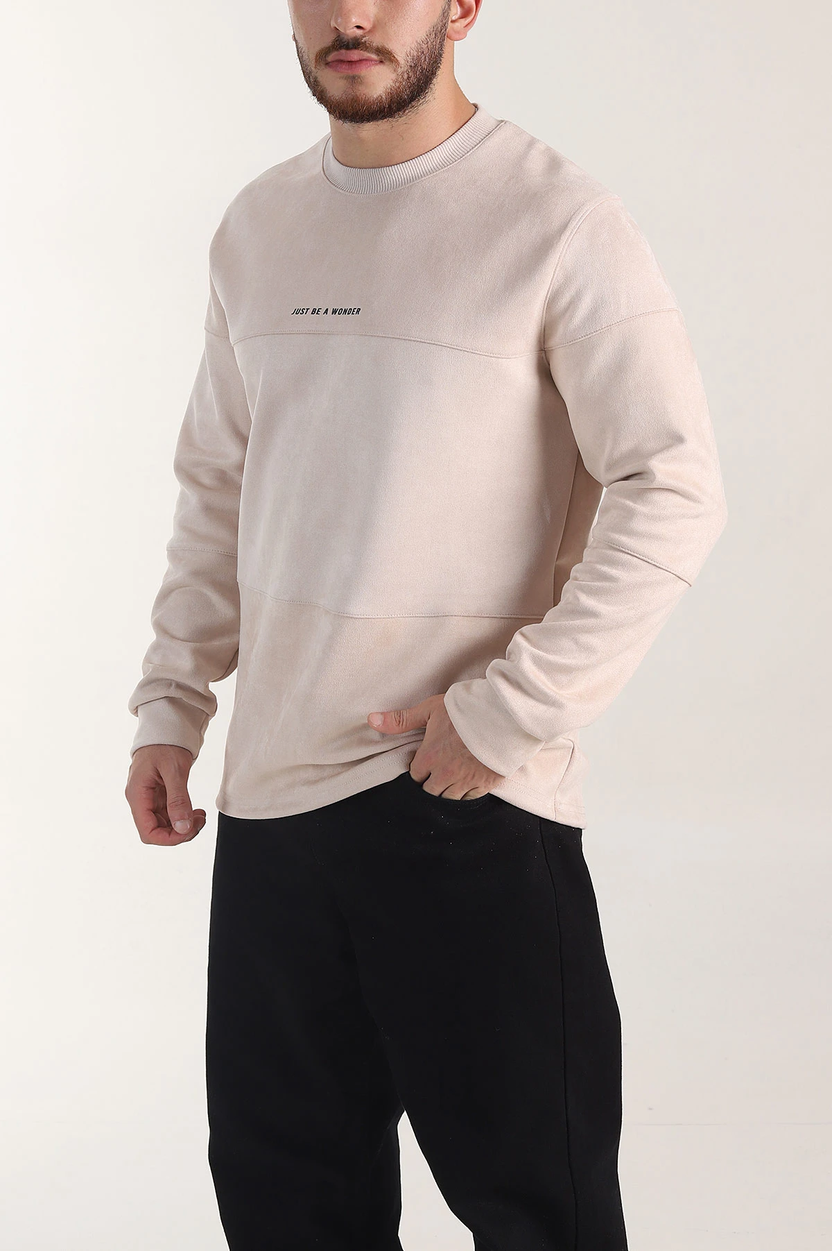 Bej Bisiklet Yaka Yazı Detaylı Erkek Sweatshirt 404793