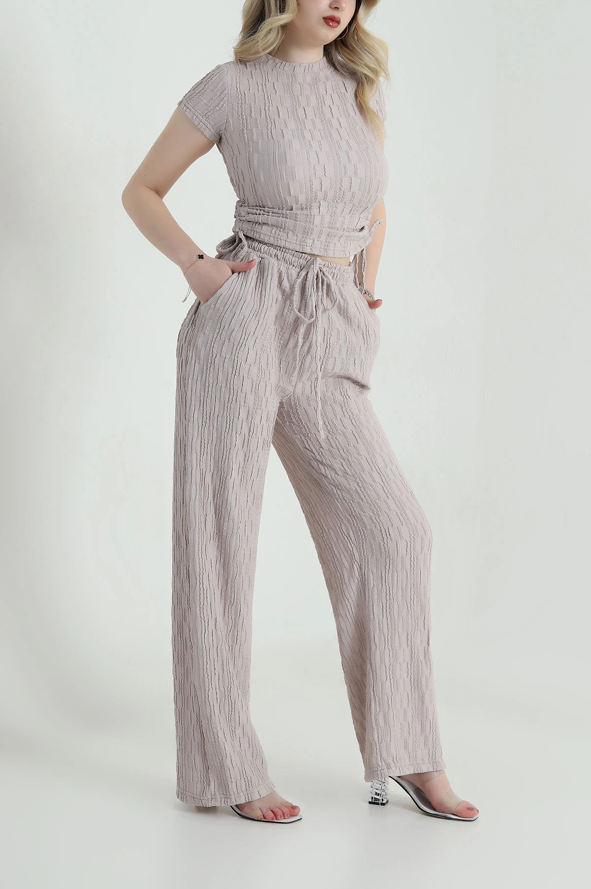 Bej Bluz Pantolon Gofre Kadın İkili Takım 458374
