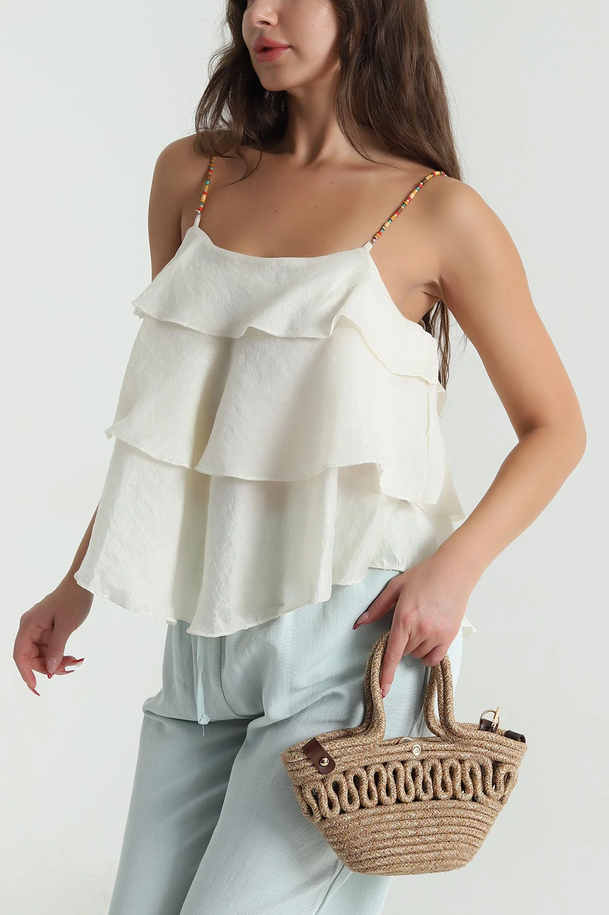 Bej Boncuk Askı Detay Tencel Kadın Bluz 478613