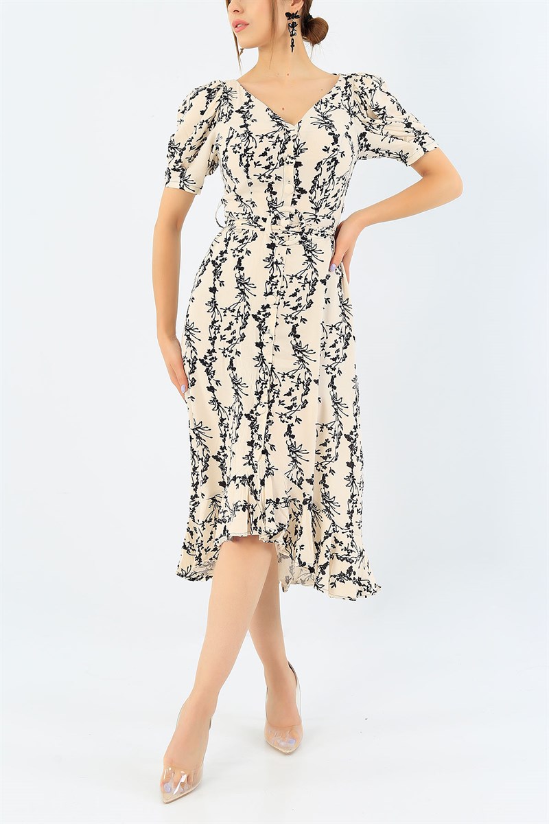 Bej Boydan Düğmeli Eteği Fırfırlı Elbise 36006