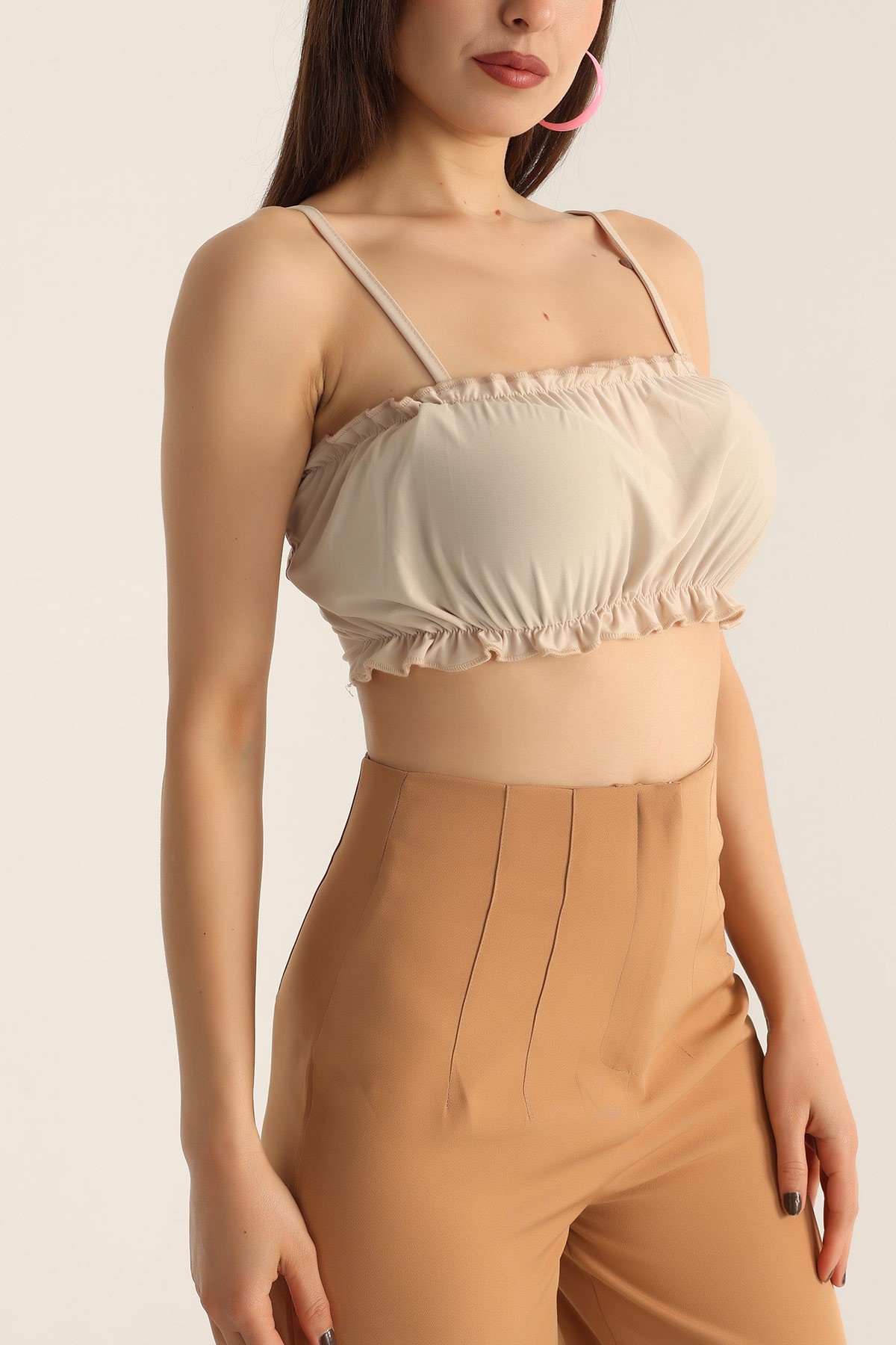 Bej Büzgülü Sendy Kumaş Crop 174170