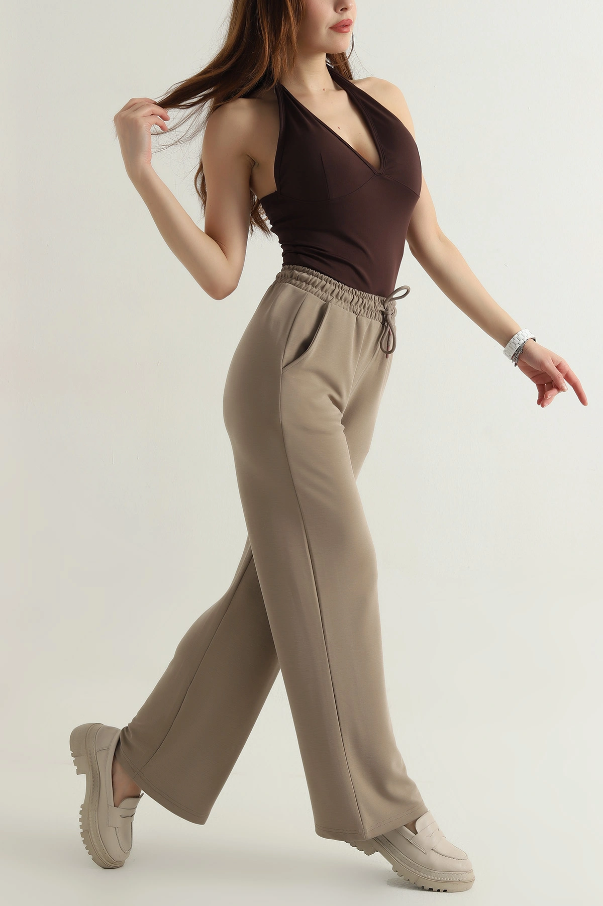 Bej Cepli Bel Lastikli Modal Kadın Pantolon 412530