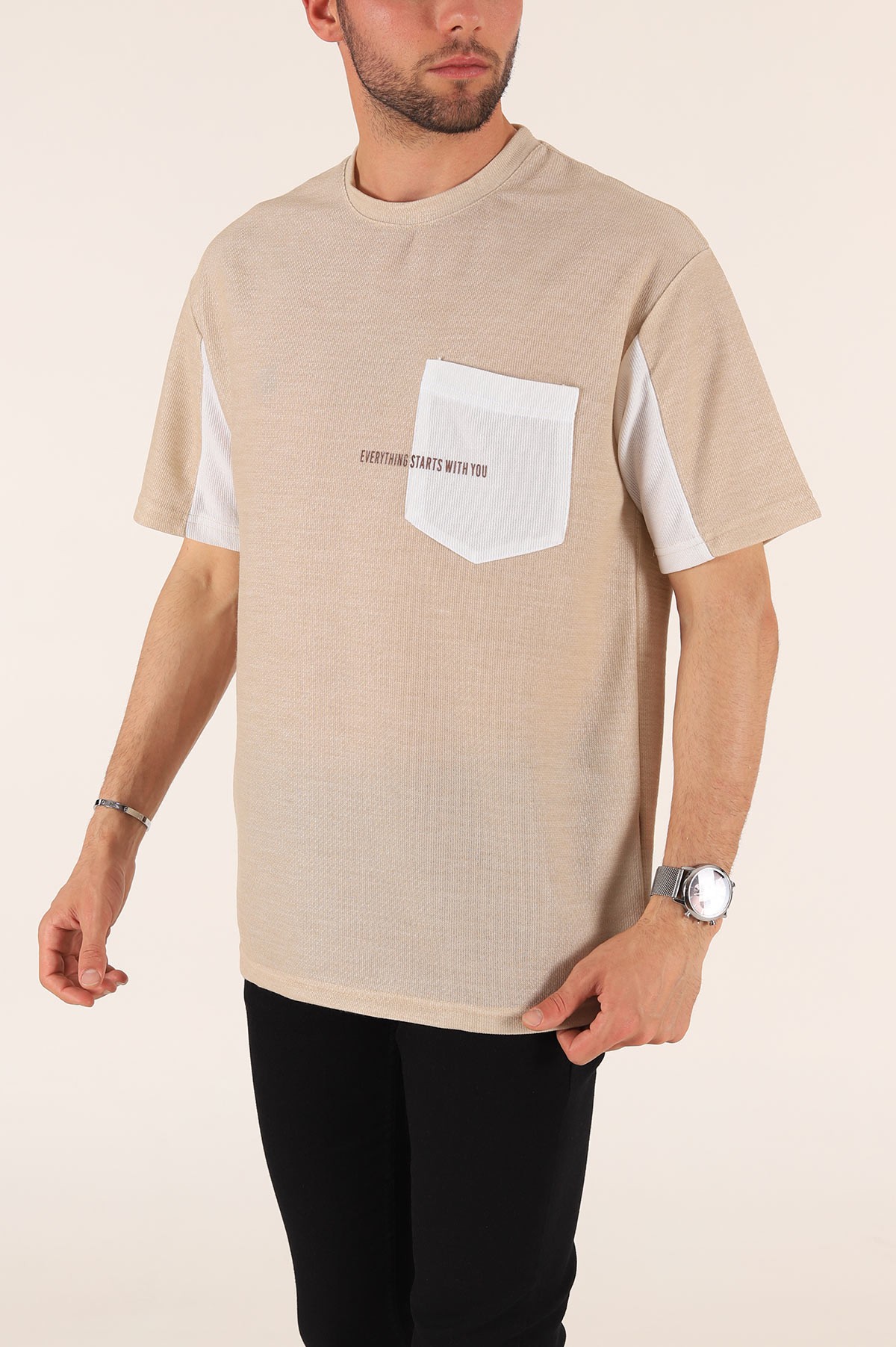 Bej Cepli Dokulu Oversize Erkek Tişört 177456