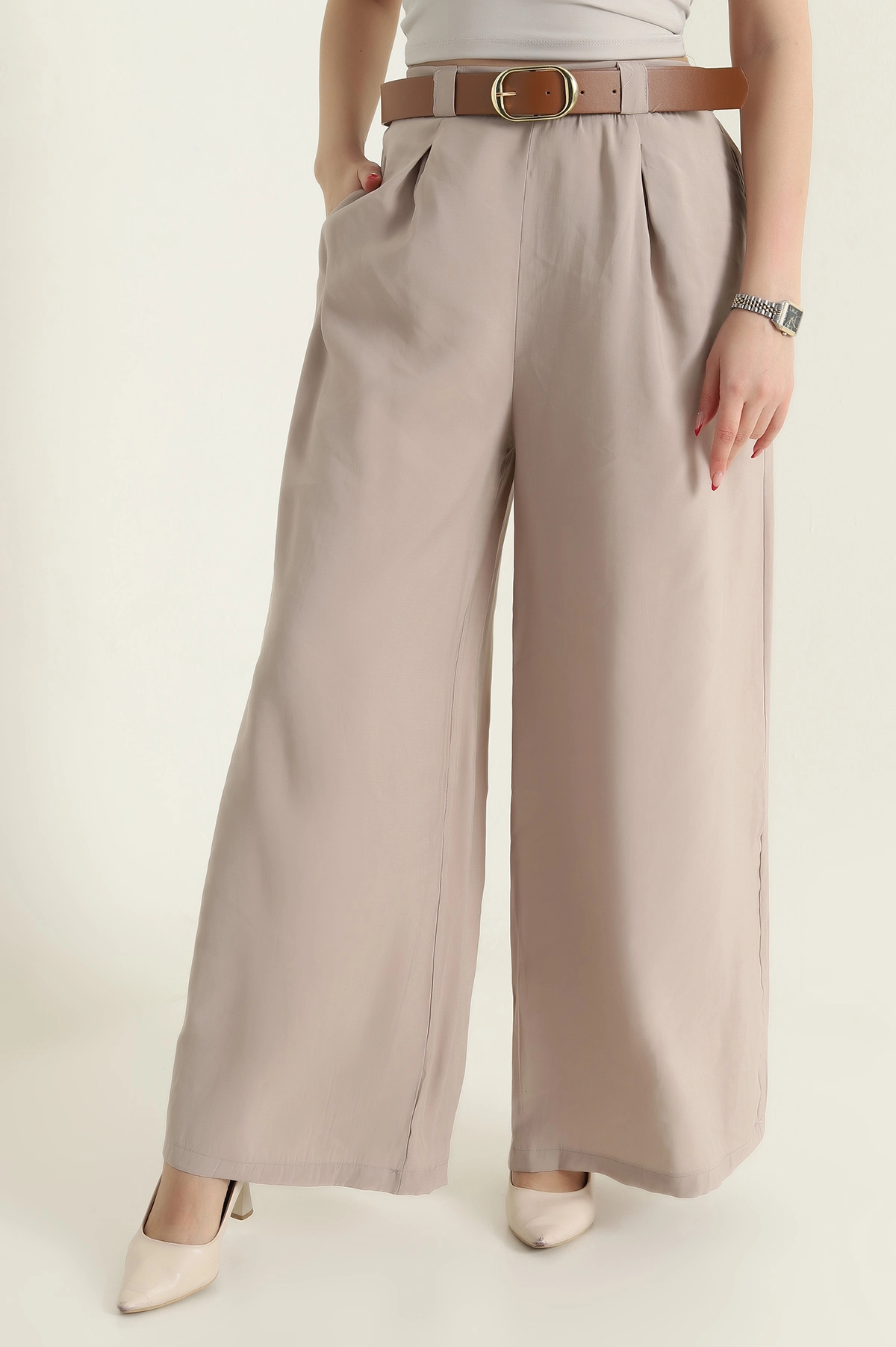 Bej Cepli Pileli Tencel Kadın Pantolon 436734