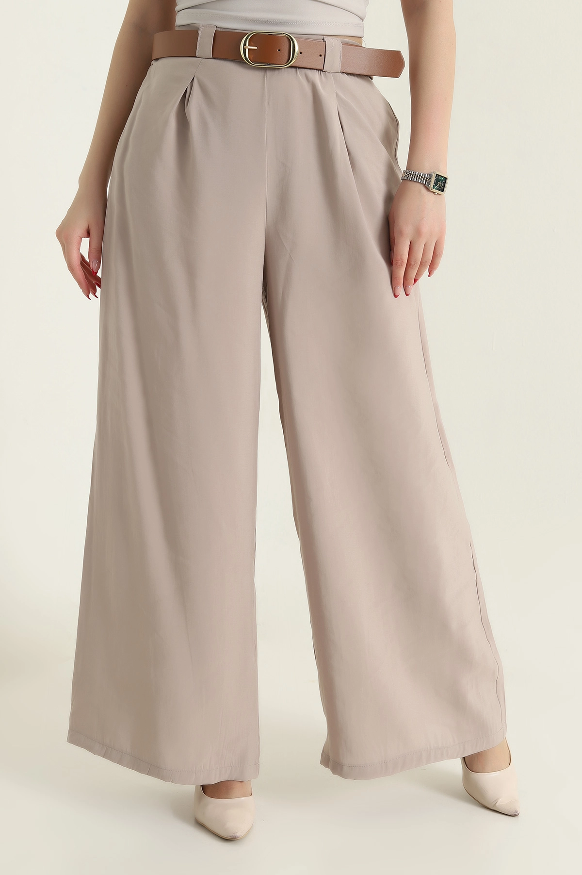 Bej Cepli Pileli Tencel Kadın Pantolon 436734
