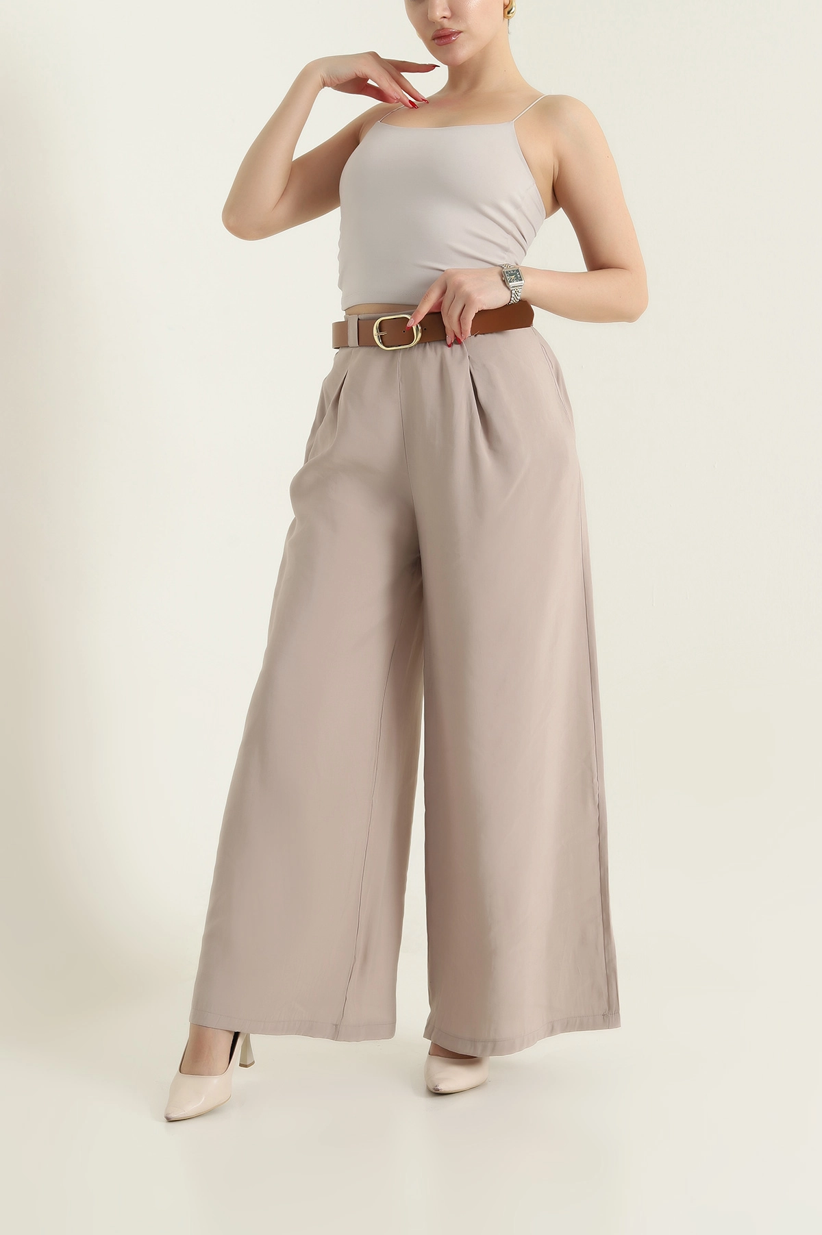 Bej Cepli Pileli Tencel Kadın Pantolon 436734