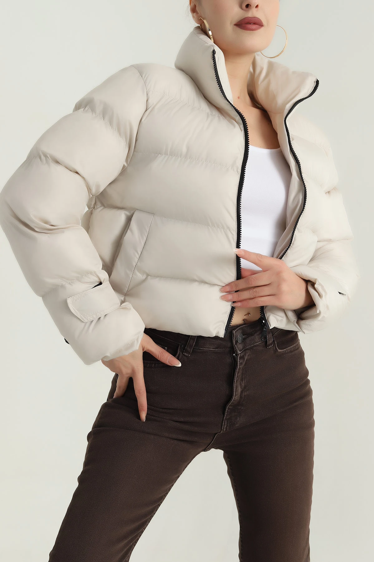 Bej Cırtlı Kol Kadın Şişme Mont 401462