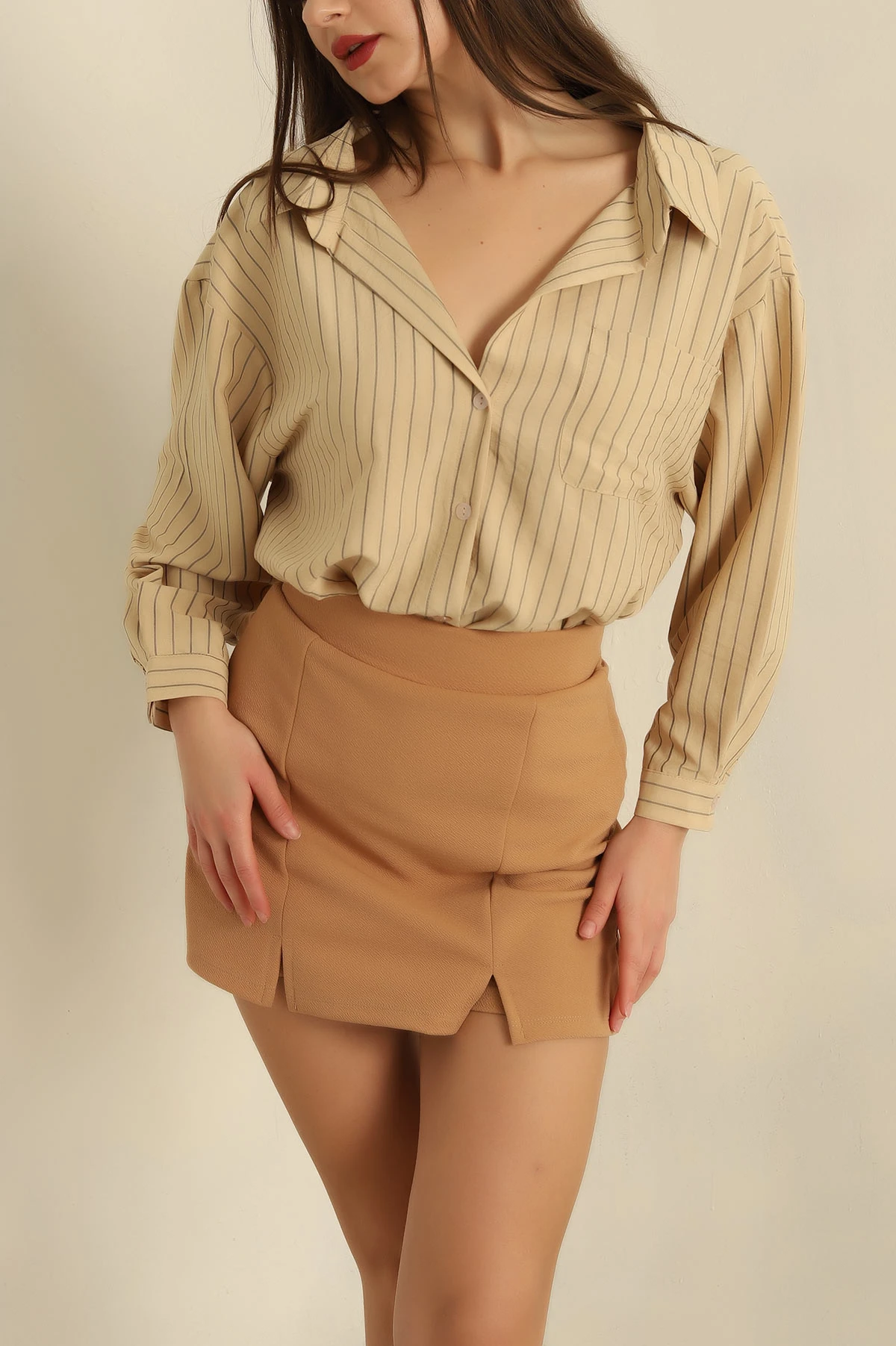 Bej Çizgili Dokuma Oversize Bayan Gömlek 269892