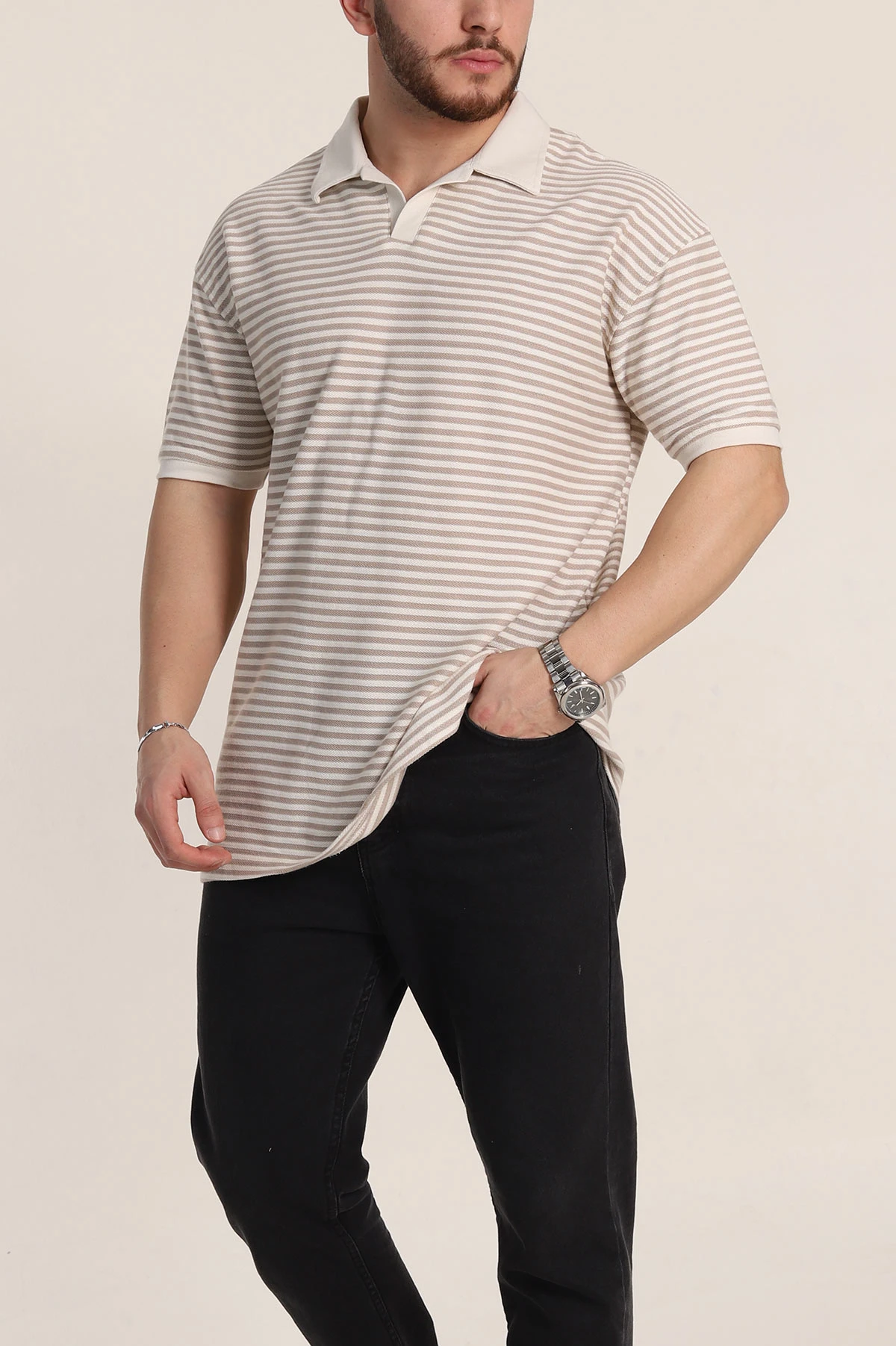 Bej Çizgili Oversize Örme Polo Yaka Erkek Tişört 349891
