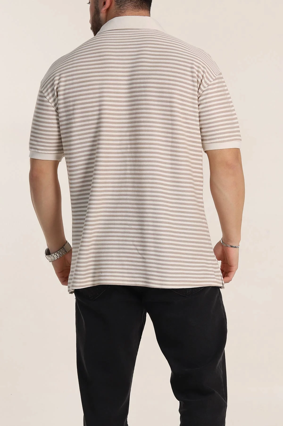 Bej Çizgili Oversize Örme Polo Yaka Erkek Tişört 349891