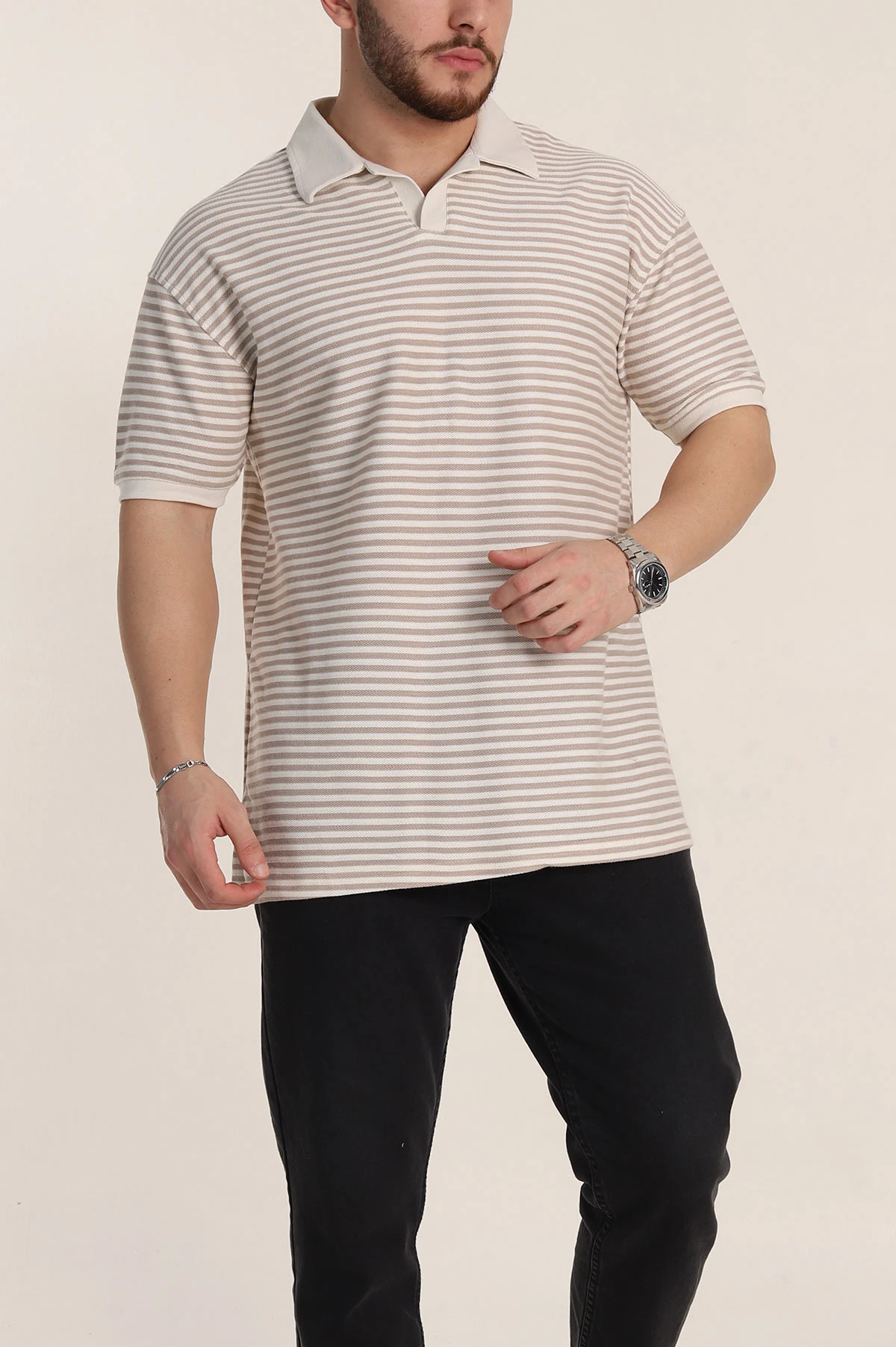 Bej Çizgili Oversize Örme Polo Yaka Erkek Tişört 349891