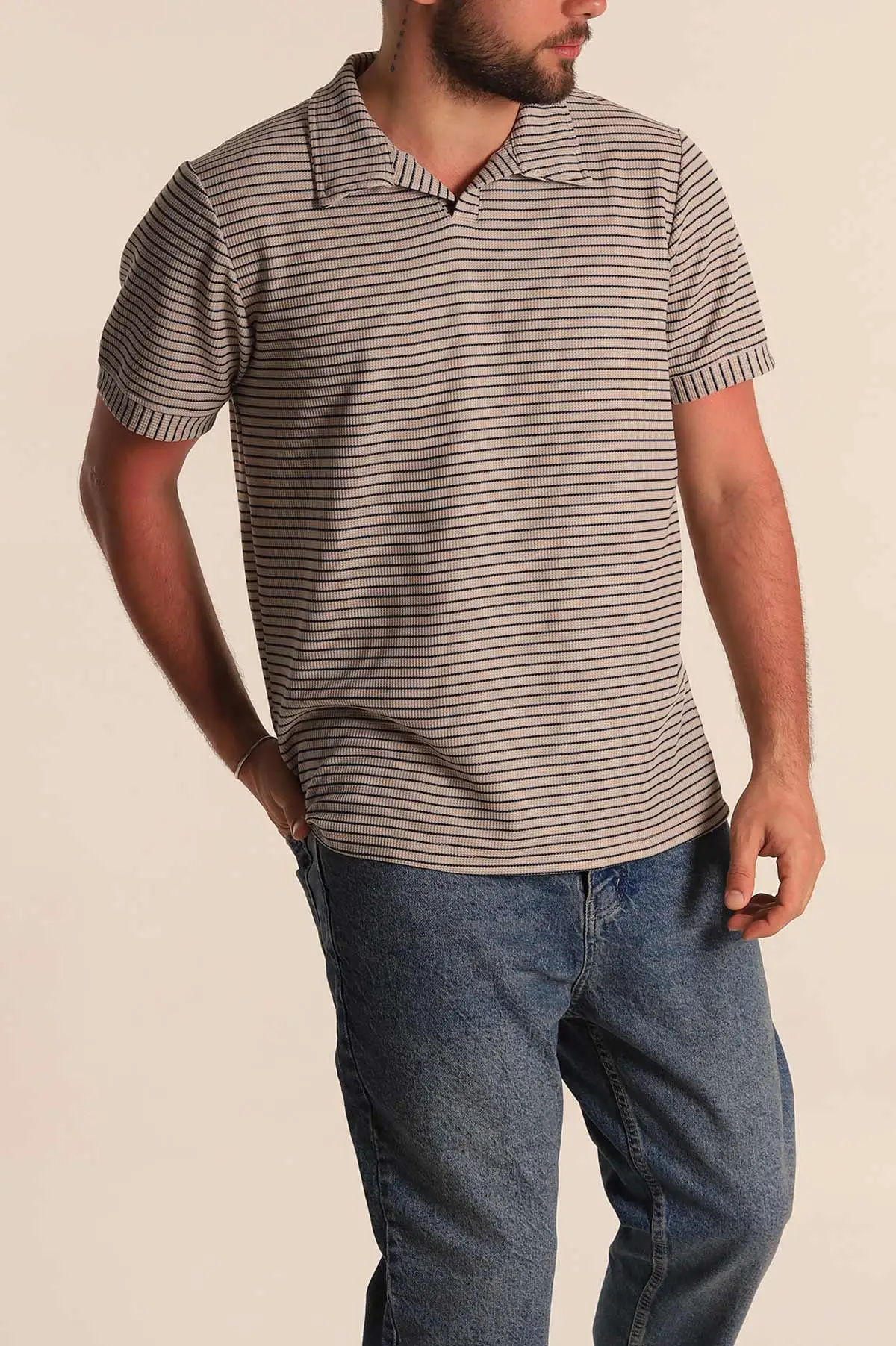 Bej Çizgili Regular Fit Dokulu Polo Yaka Erkek Tişört 277085